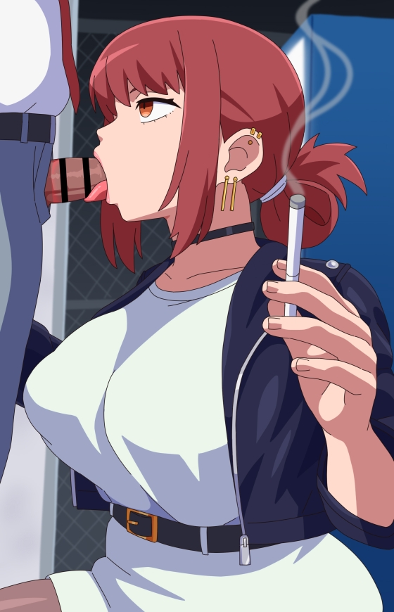 1girl black_bra black_choker black_jacket blowjob choker cigarette cleavage clothing collarbone ear_piercing earrings holding holding_cigarette kabeume lipstick_mark_on_penis nipples_visible_through_clothing outdoors red_eyes red_hair short_hair smoke smoking super_no_ura_de_yani_suu_futari tayama_(super_no_ura_de_yani_suu_futari)