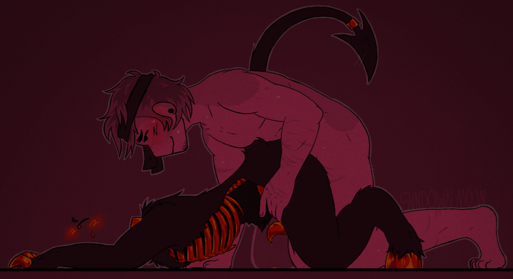 2boys, ambiguous consent, blush, consensual, digitigrade, downward dog, dubious consent, ear piercing, gold claws, hooves, precum, regect (a regect), scars, self harm scars, tagme (artist), tentacle dick, visible ribs, ze (a regect)