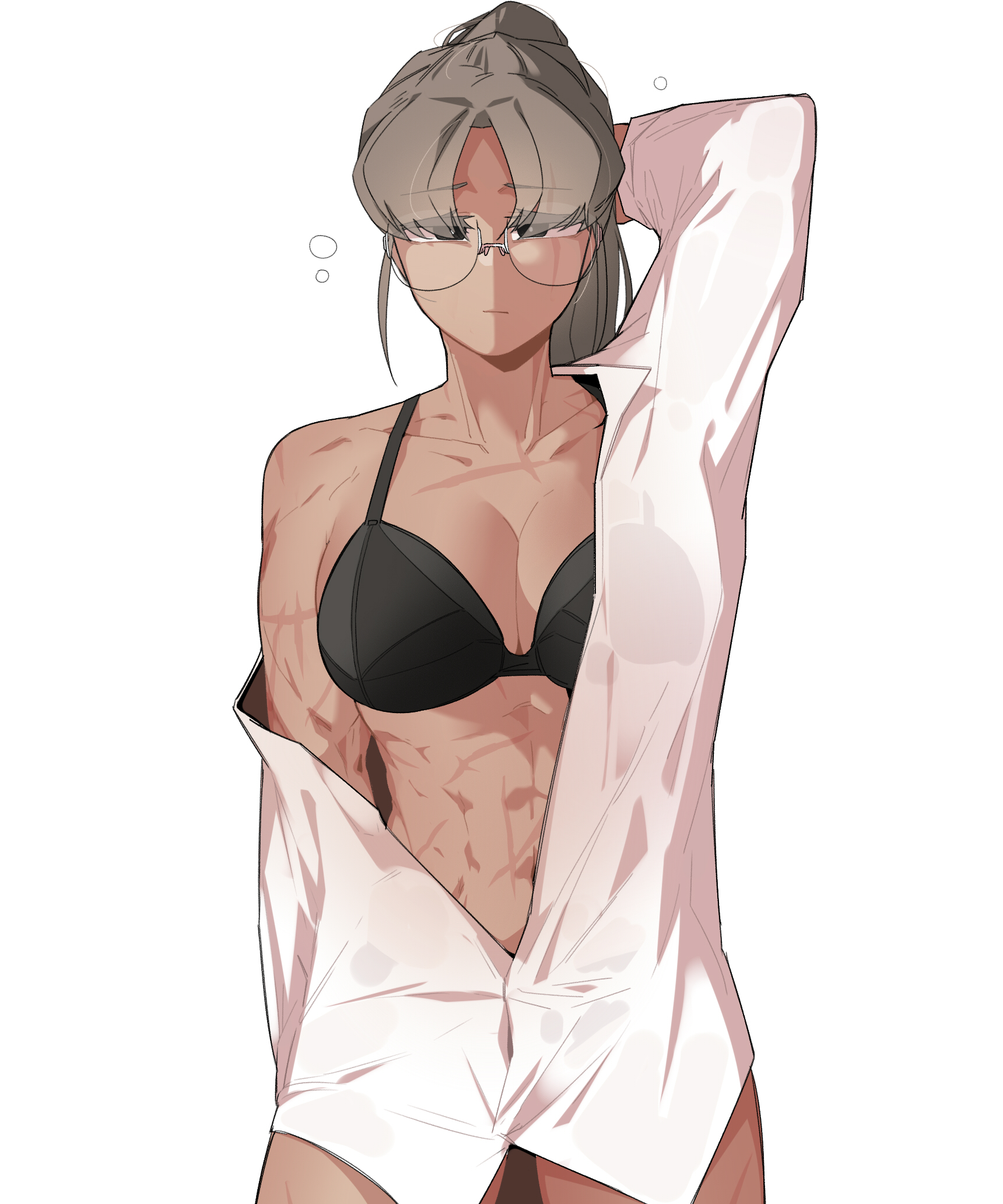 abs, bra, dark skin, dark-skinned female, female, glasses, grey hair, looking at viewer, muscular, muscular female, oddsnail, open clothes, ponytail, pov, scar, see-through clothing, seo miran, tomboy