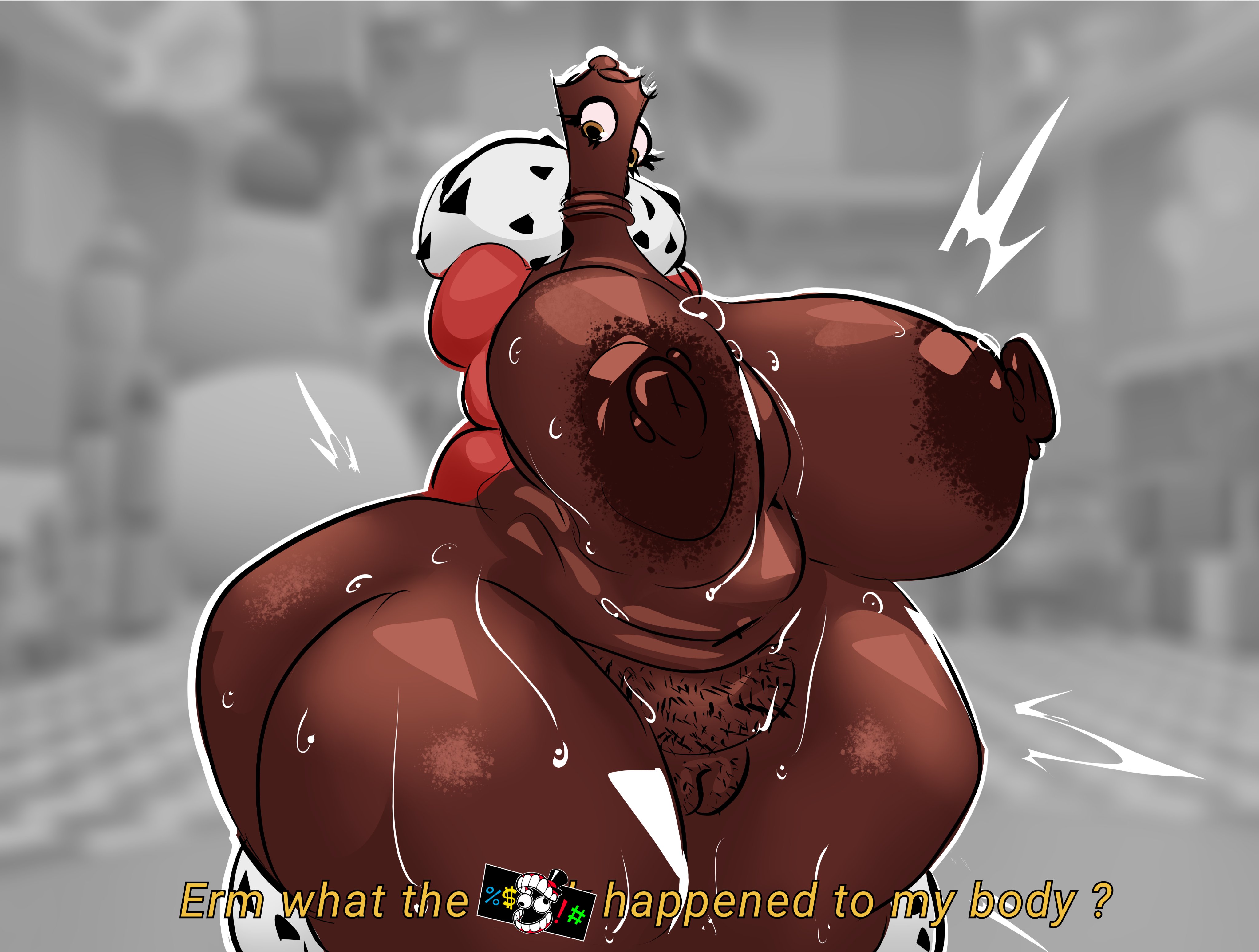 anthro, anthro only, bimbo, greaseyhair, massive breasts, pubes, pubic hair, queenie (the amazing digital circus), solo, tagme, text, the amazing digital circus, thick thighs