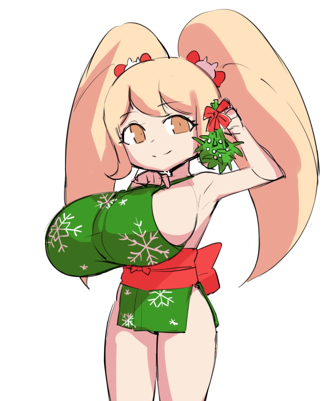 borvar, breasts, danganronpa, danganronpa 2: goodbye despair, female, female focus, female only, festive, large breasts, mistletoe, saionji hiyoko, shortstack, sideboob, super danganronpa 2, thighs