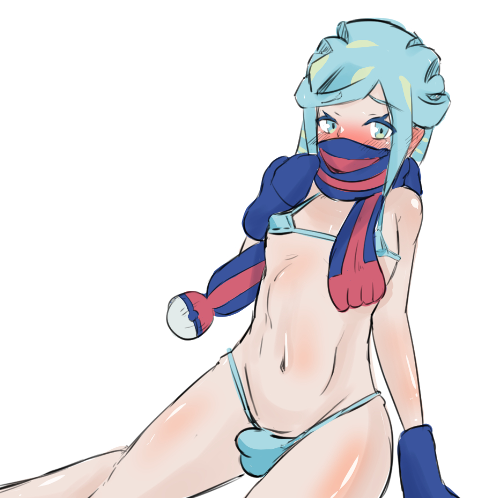 1boy, blue eyes, blue hair, blush, bulge, doodle, eye contact, femboy, game freak, girly, gloves, grusha (pokemon), kokushi02, light skin, light-skinned male, looking at viewer, male, male only, micro bikini, nintendo, pokemon, pokemon (game), pokemon sv, scarf, thighs, white background