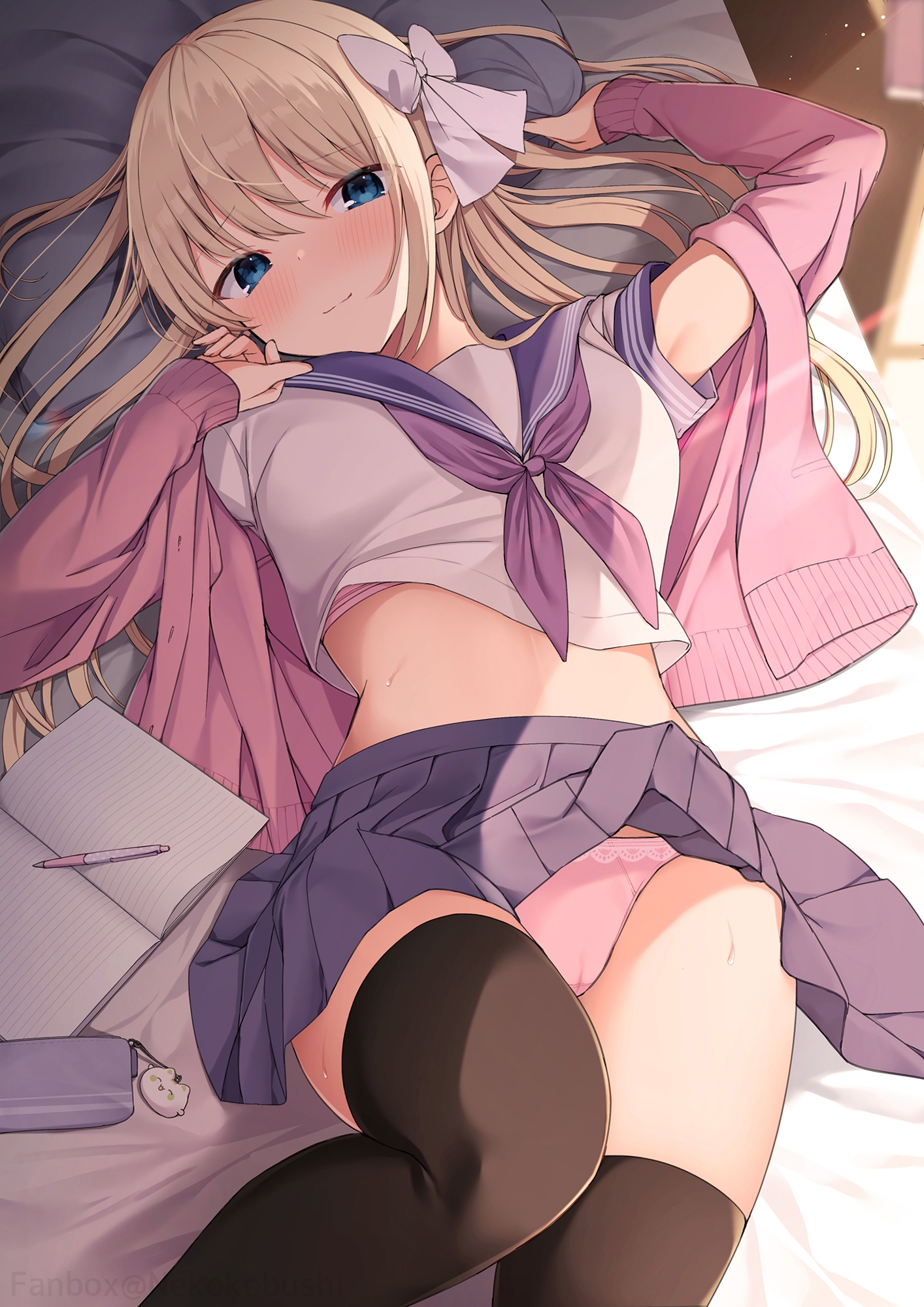 1girls, black legwear, blonde hair, blue eyes, blush, cameltoe, female, highres, legwear, long hair, lying, nekokobushi, on bed, original, panties, pleated skirt, pussy, ribbon, sailor collar, school uniform, serafuku, shirt, shirt lift, skirt, skirt lift, solo, sweat, sweater, thighhighs, thighs, underwear