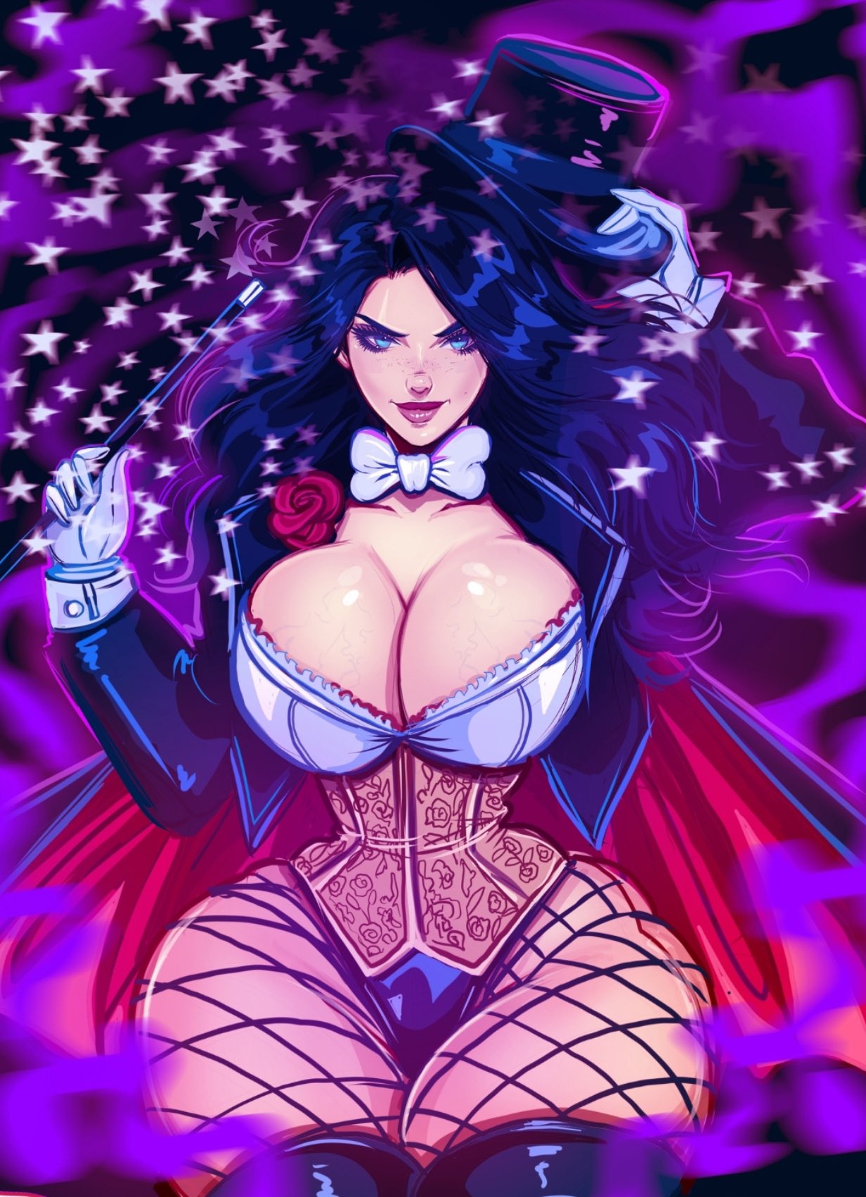 1girls big_breasts black_hair blue_eyes bowtie breasts cleavage dc dc_comics female female_only fishnet_legwear fishnet_stockings fishnets gloves large_breasts light-skinned_female light_skin looking_at_viewer magic_wand magician_hat solo solo_female solo_focus theartofmathew thick_thighs top_hat wide_hips zatanna zatanna_zatara