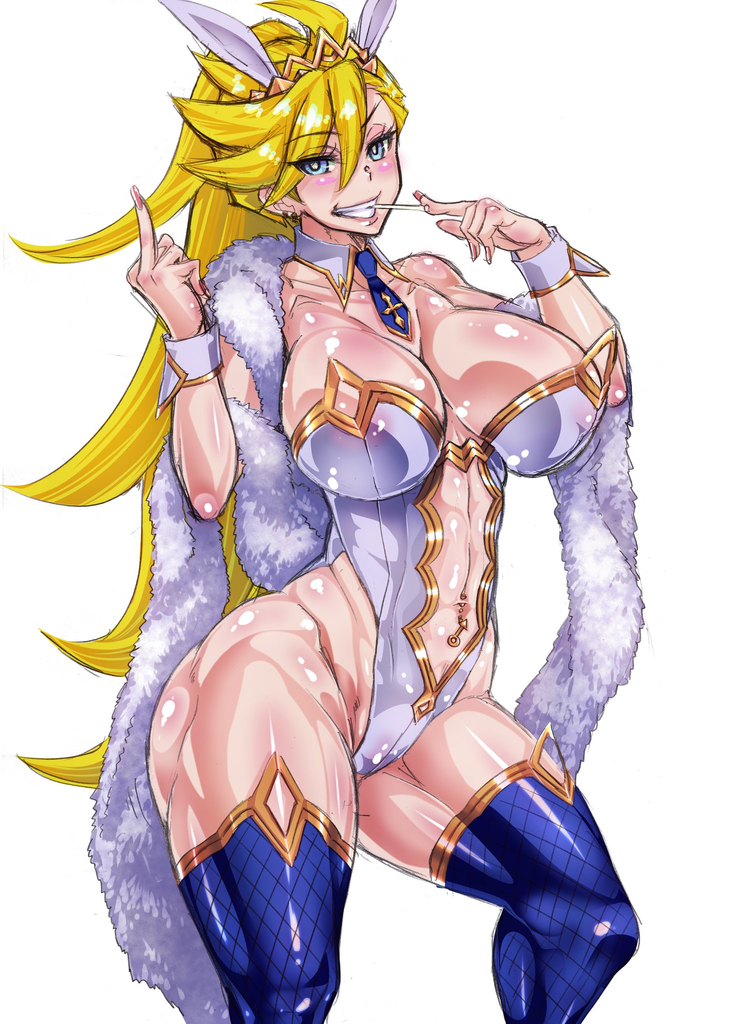 1girls, ando hiroyuki, artoria pendragon (lancer) (cosplay), artoria pendragon (swimsuit ruler) (cosplay), ass, big breasts, blonde female, blonde hair, blue eyes, blush, breasts, bunny ears, busty, cleavage, cosplay, fake animal ears, fate (series), fate/grand order, female, female only, huge breasts, large breasts, long fingernails, long hair, middle finger, panty & stocking with garterbelt, panty anarchy, simple background, smile, thick thighs, thighhighs, thighs, very long hair, voluptuous, white background