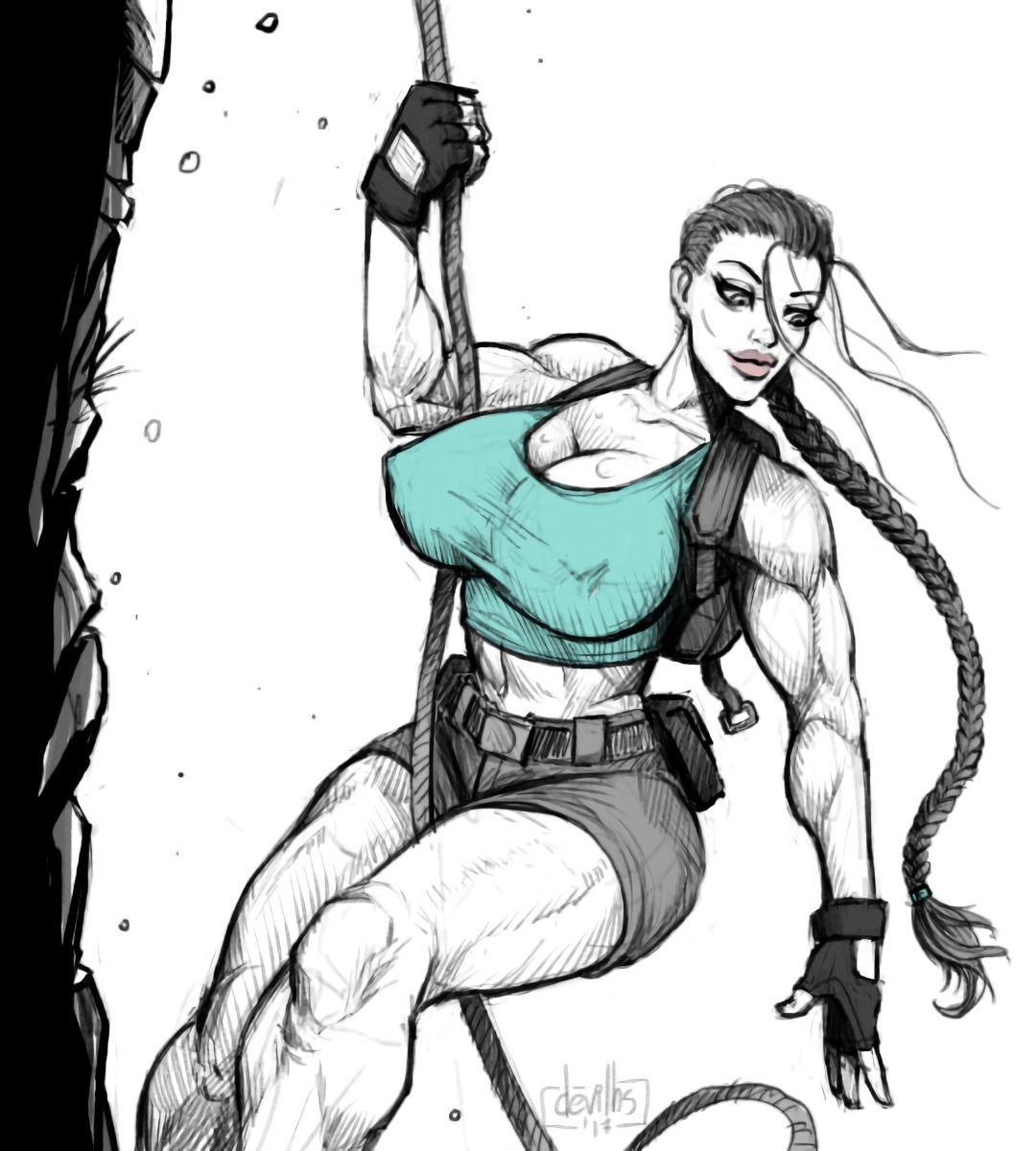 1girls, 2017, 2022, abs, absurd res, bare midriff, biceps, big breasts, big lips, braid, braided hair, breasts, busty, cleavage, crop top, devil hs, erect nipples, female, female focus, female only, fingerless gloves, hourglass figure, lara croft, lara croft (classic), large breasts, monochrome, muscle tone, muscles, muscular, muscular arms, muscular female, muscular legs, muscular thighs, navel, nipple piercing, nipples, piercing, short shorts, six pack, solo, tank top, thick lips, thick thighs, tomb raider, tomb raider (classic), triceps, white background, wide hips