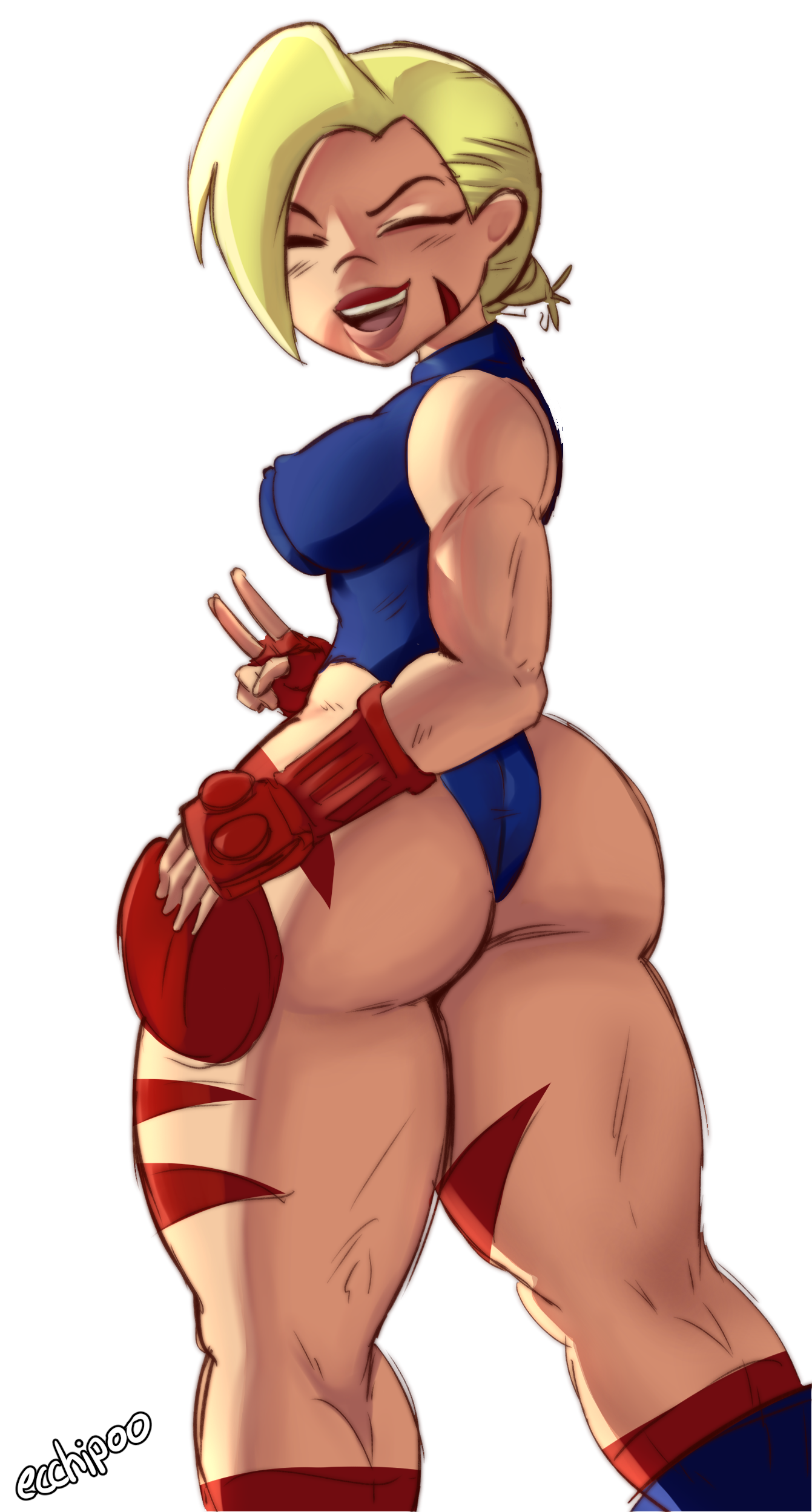 1girls, ass, beret, big ass, big breasts, blonde female, blonde hair, blue leotard, breasts, cammy white (cosplay), closed eyes, cosplay, dc, dc comics, dc super hero girls, ecchipoo, female, female kryptonian, female only, hat, huge ass, kara danvers, kara zor-el, kryptonian, large ass, leotard, muscular, muscular female, peace sign, perky breasts, rear view, short hair, smile, solo, solo female, solo focus, street fighter, supergirl, superman (series), thick thighs, v