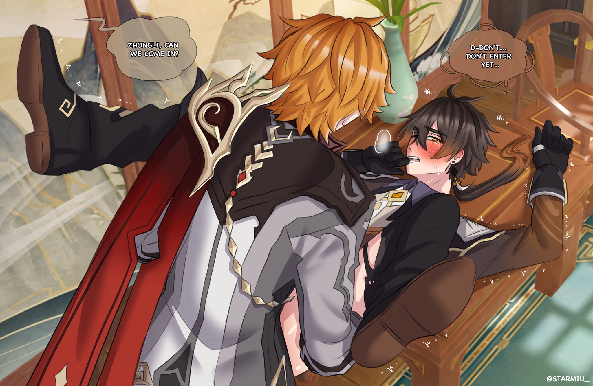 childe (genshin impact), dialogue, english text, gay, genshin impact, male, male only, public sex, starmiu, tartaglia (genshin impact), text, yaoi, zhongli (genshin impact)