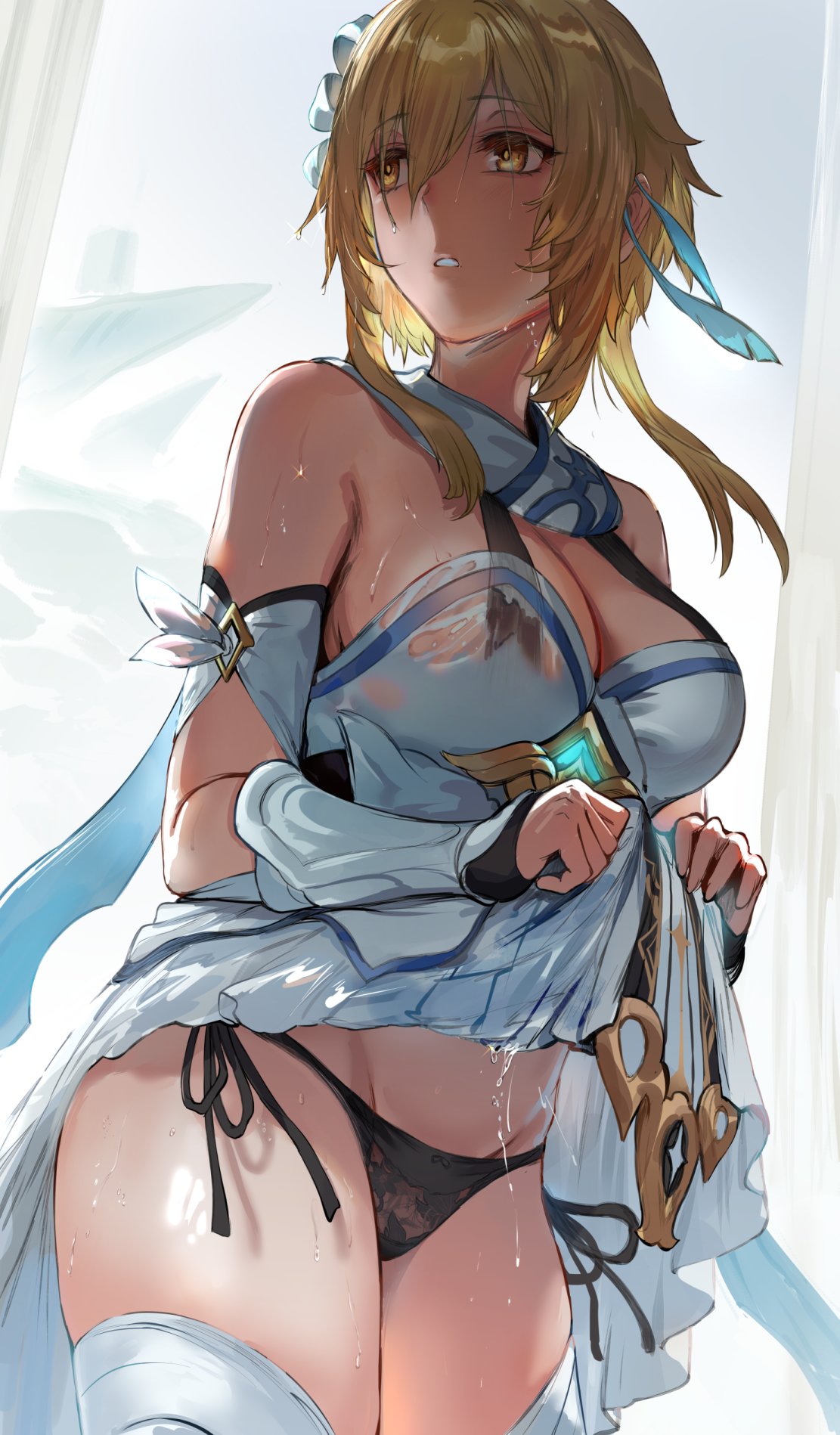 breasts, female, genshin impact, hews hack, horny, legs, lumine (genshin impact), panties, thighs, wet clothes