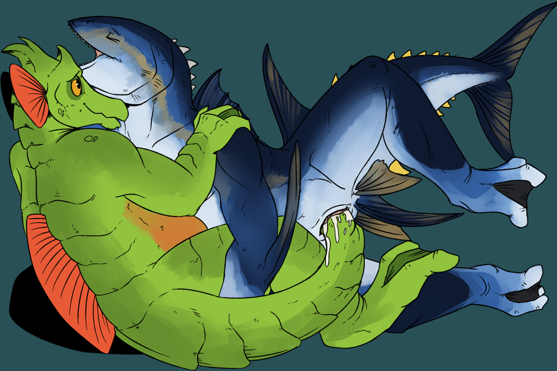 anthro anthro_on_anthro anthro_penetrated anthro_penetrating anthro_penetrating_anthro blue_body blue_tail cloacal cloacal_penetration closed_eyes dorsal_frill duo ear_frill fish forked_tail frill_(anatomy) gills glistening glistening_eyes green_body green_tail imperatorcaesar looking_pleasured male male/male male_penetrated male_penetrating male_penetrating_male marine open_mouth penetration red_frill ridged_tail sex sharp_teeth spread_legs spreading tail_fetish tail_in_cloaca tail_insertion tail_play tail_sex teeth unusual_anatomy unusual_tail