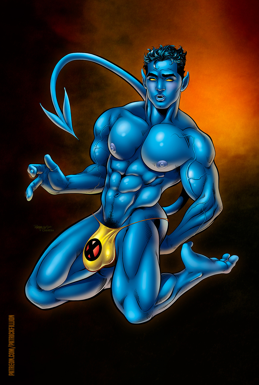 1boy abs balls_outline black_hair blue_skin demon_tail fangs glowing_eyes humanoid kurt_wagner male male_only male_pubic_hair male_thong marvel marvel_comics masculine muscles muscular_male nightcrawler non-human patrick_fillion pecs penis_outline pointy_ears solo tail uncensored veiny_muscles x-men yaoi yellow_eyes