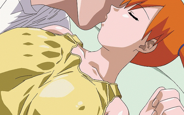 ., 1boy, 1girls, animated, breasts, closed eyes, collarbone, eyes closed, female, gif, groping breasts, gym leader, hand on breast, hand on breasts, hand under clothes, hand under shirt, hands on breast, hands on breasts, hands under clothes, human, kasumi (pokemon), kiss, kissing, making out, male, male/female, misty (pokemon), nintendo, orange hair, pokemon, pokemon rgby, straight, touching breast, touching breasts, unknown artist