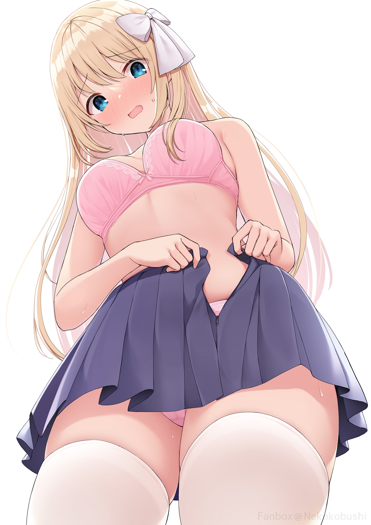 1girls, blonde female, blonde hair, blue eyes, blush, bra, embarrassed, female, from below, hair ornament, highres, legwear, looking at viewer, nekokobushi, original, panties, pleated skirt, ribbon, school uniform, serafuku, simple background, skirt, solo, standing, sweat, thick thighs, thighhighs, thighs, underwear, white background, white legwear