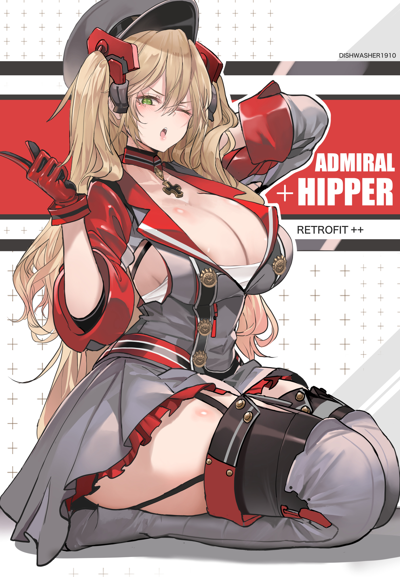 1girls, 2022, admiral hipper (azur lane), alternate breast size, azur lane, blonde hair, breasts, cleavage, dishwasher1910, female, female only, green eyes, hair ornament, hat, hips, huge breasts, kneeling, light skin, light-skinned female, long hair, military uniform, slim waist, thick thighs, thigh boots, thighs, wide hips