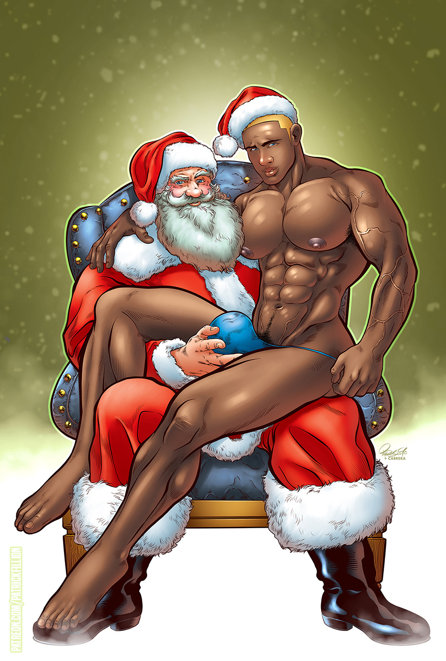 2boys abs big_bulge bulge byron_durand christmas class_comics dark-skinned_male dark_skin gay huge_bulge long_beard male male_focus male_only melanin muscles muscular muscular_male old_man patrick_fillion pecs santa_claus sitting_on_lap space_cadet thong white_hair