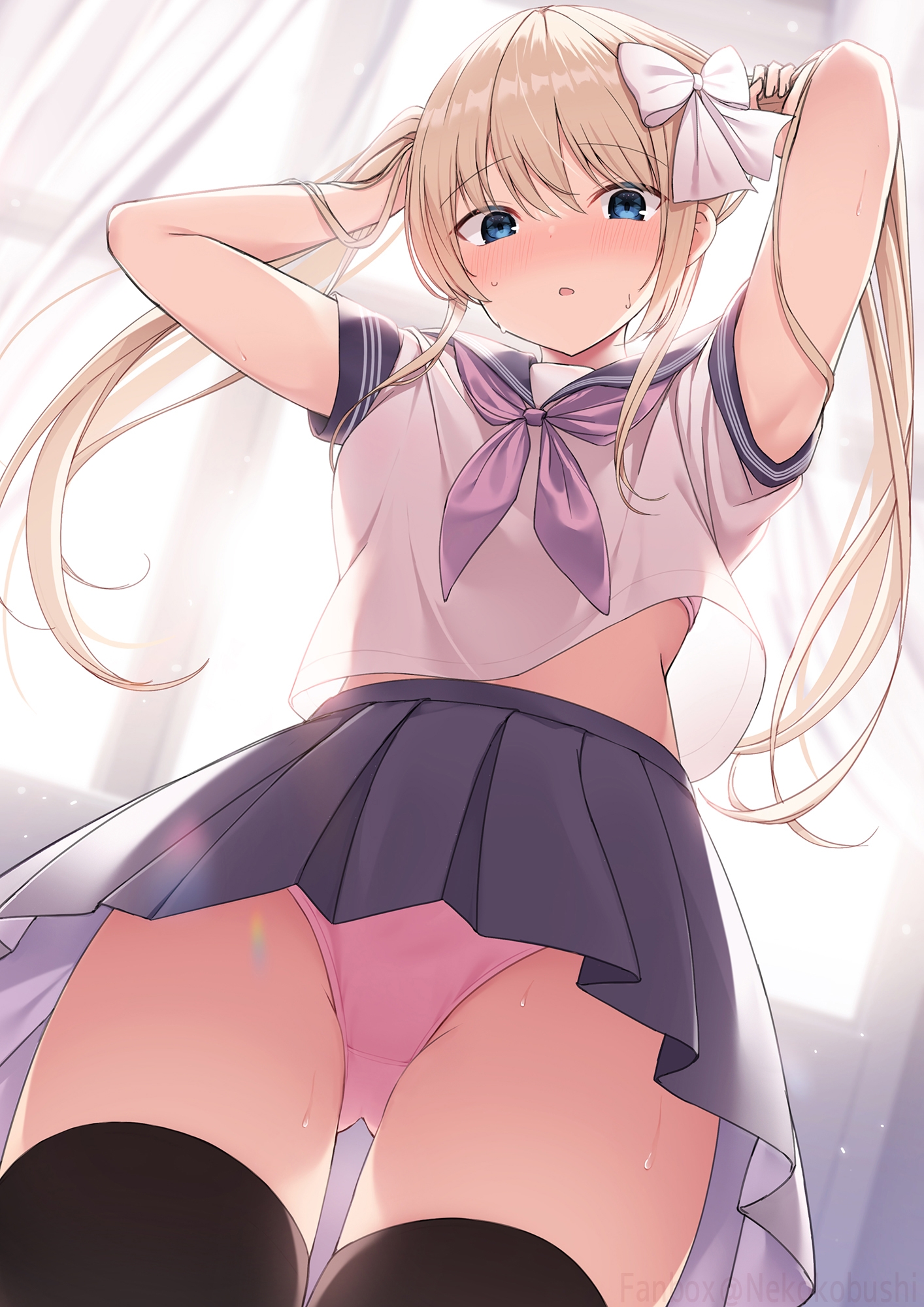 1girls, arms up, bangs, black legwear, blonde hair, blue eyes, blush, bow, female, from below, hands behind head, highres, legwear, long hair, looking at viewer, looking down, nekokobushi, original, panties, plaid, pleated skirt, sailor collar, school uniform, serafuku, skirt, skirt lift, sweat, thighhighs, thighs, underwear