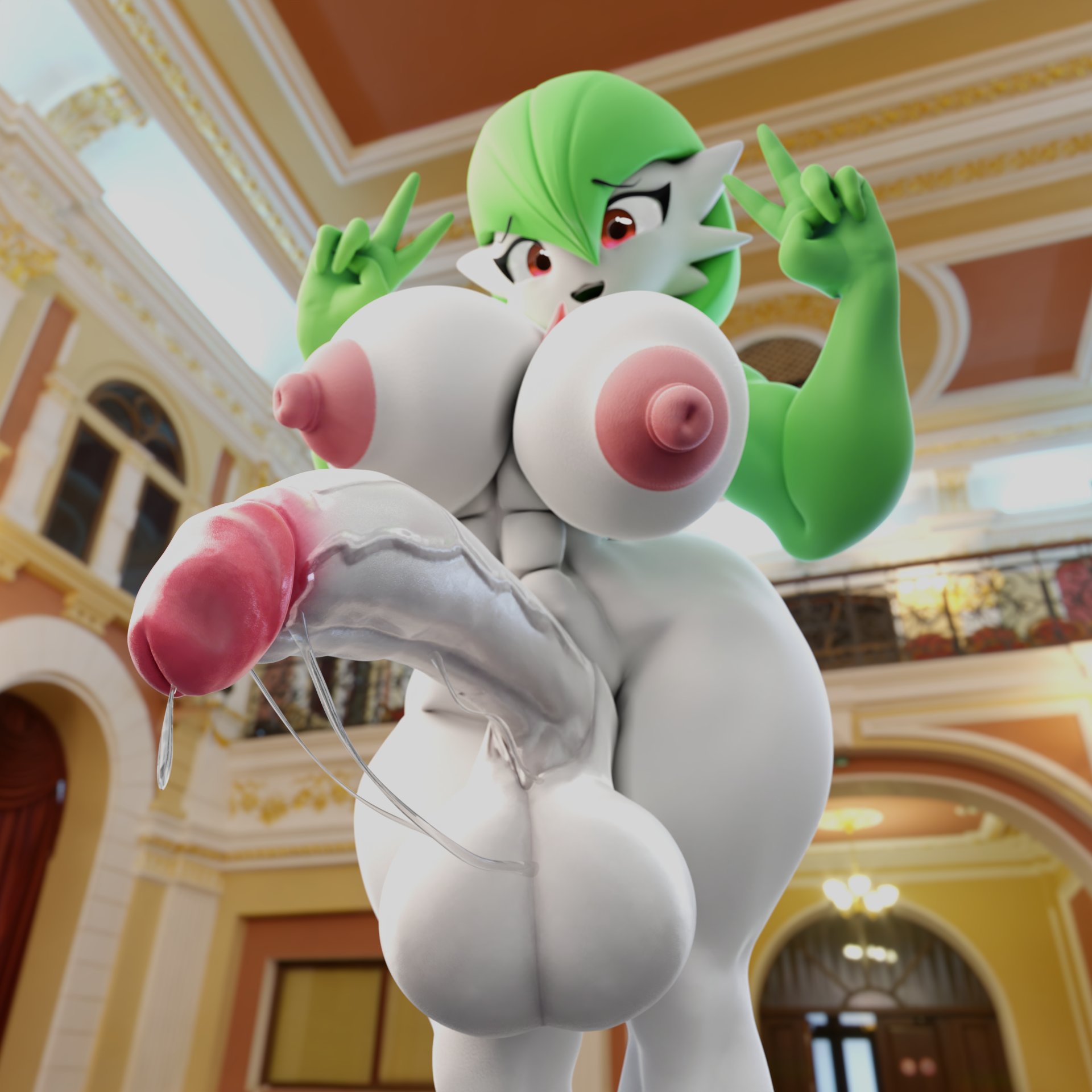 1futa, 3d, 3d (artwork), abs, areolae, balls, big breasts, big penis, breasts, erection, futa only, futanari, gardevoir, huge balls, huge breasts, huge cock, humanoid, humanoid penis, intersex, kabalmystic (style), looking at viewer, low-angle view, neenbeanmachine, nipples, nude, penis, pokemon, pokemon (species), precum, precum string, solo, solo futa, standing, tagme, v