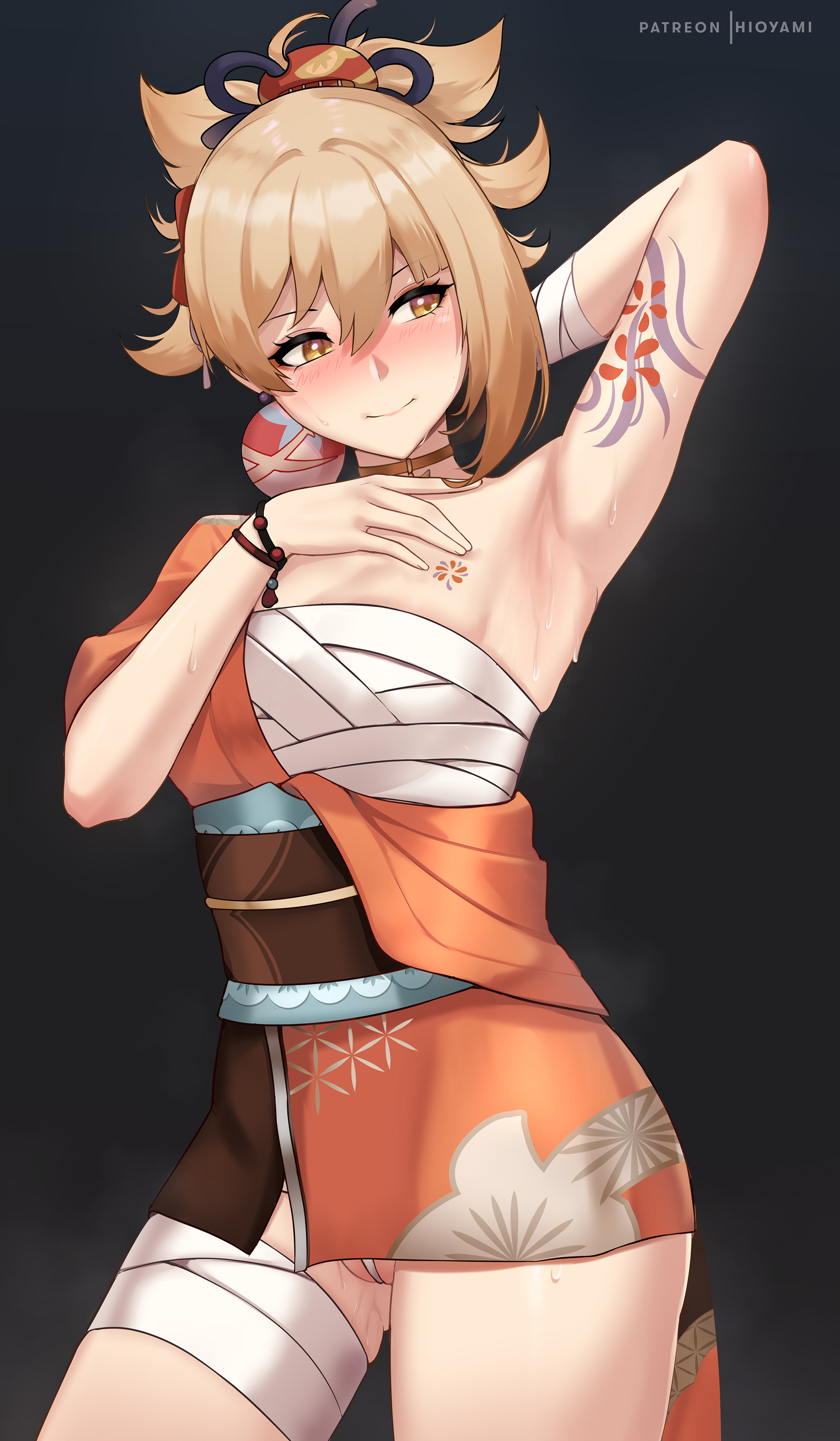 1girls, 2022, armpit fetish, armpits, blonde female, blonde hair, blush, breasts, clothed female, dress, embarrassed, female, female only, genshin impact, gold eyes, happy, hi res, hioyami, hips, large breasts, looking away, seductive, simple background, slim waist, smile, sweat, sweating, sweaty body, thick thighs, thighs, tied hair, wide hips, yoimiya (genshin impact)