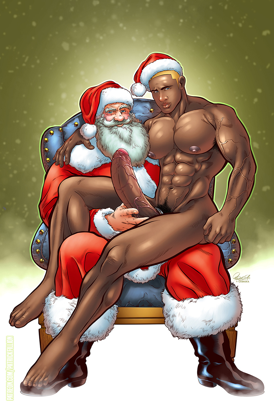 2boys abs big_penis byron_durand christmas class_comics dark-skinned_male dark_skin erect_penis erection gay hard_on huge_cock huge_penis long_beard male male_focus male_only melanin muscles muscular muscular_male nude old_man patrick_fillion pecs santa_claus sitting_on_lap space_cadet uncut veiny_penis white_hair