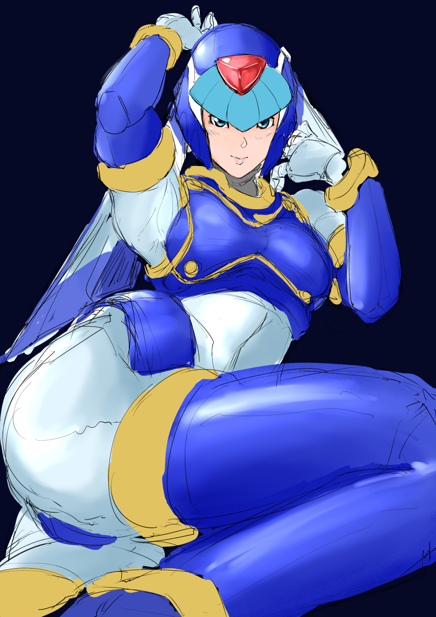 1girls armor armpits ass big_ass big_breasts blue_eyes blush bodysuit fairy_leviathan female helmet light-skinned_female mega_man mega_man_x_dive mega_man_zero smile solo tagme thighhighs tk