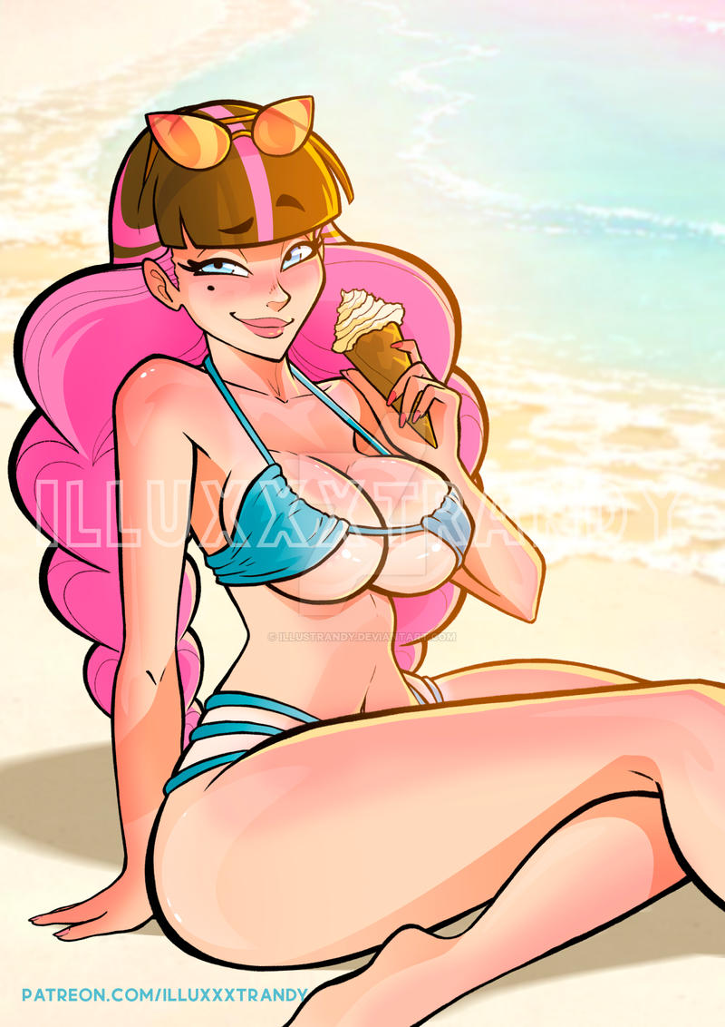 1girls, barefoot, beach, big breasts, bikini, blue bikini, blue eyes, blue swimsuit, breasts, brown hair, female, glasses on head, holding ice cream, illuxxxtrandy, light skin, light-skinned female, looking at viewer, pink highlights, smile, smiling, smiling at viewer, solo, solo female, sunglasses on head, swimsuit, thick thighs, thighs