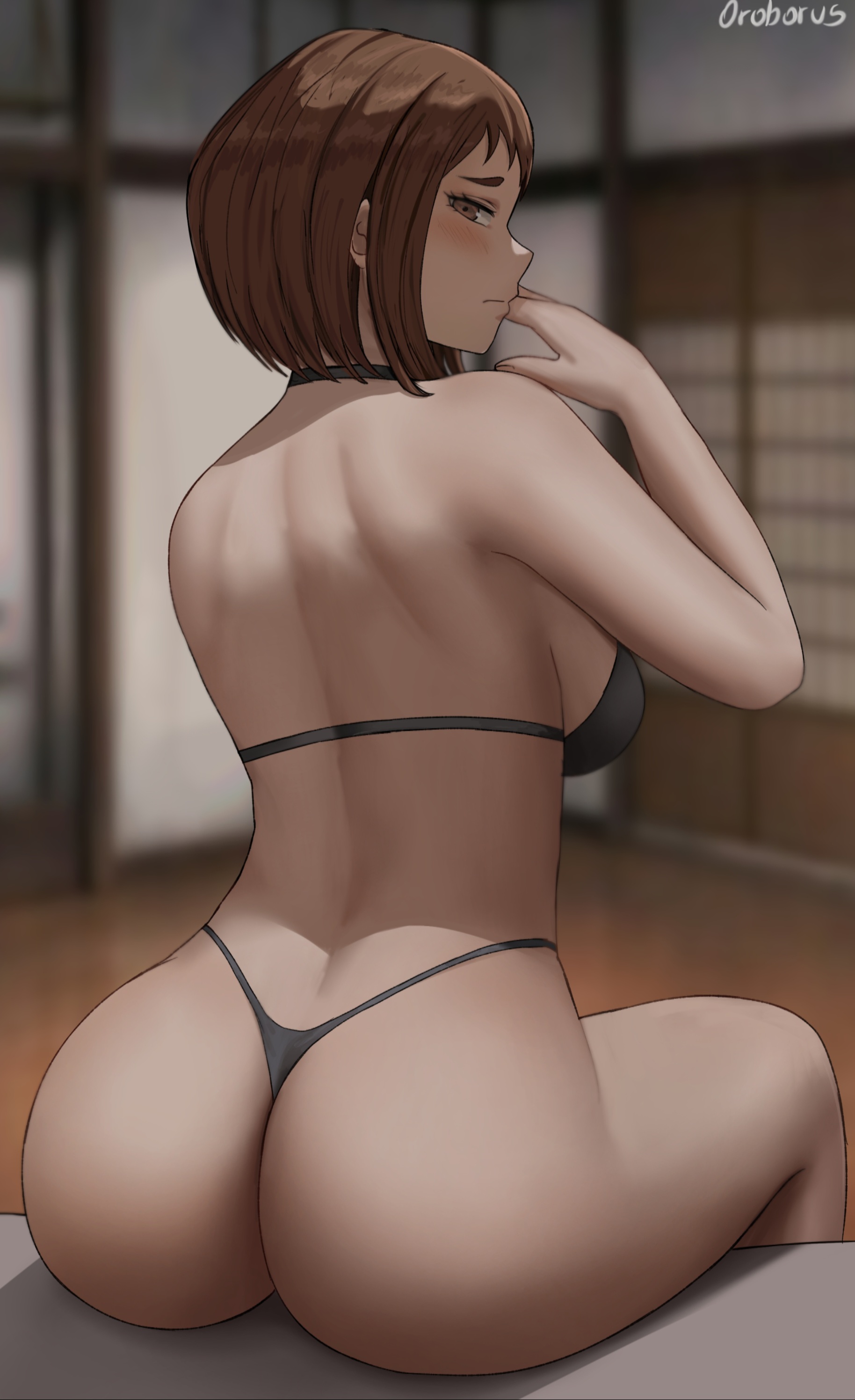 1girls, 2022, artist signature, ass, ass focus, ass shot, back, back view, backboob, bikini, black bikini, blush, breasts, brown eyes, brown hair, brown-haired female, bubble ass, bubble butt, female, female only, hi res, hips, huge ass, huge breasts, indoors, my hero academia, ochako uraraka, oroborusart, savagexthicc, slim waist, thick thighs, thighs, wide hips