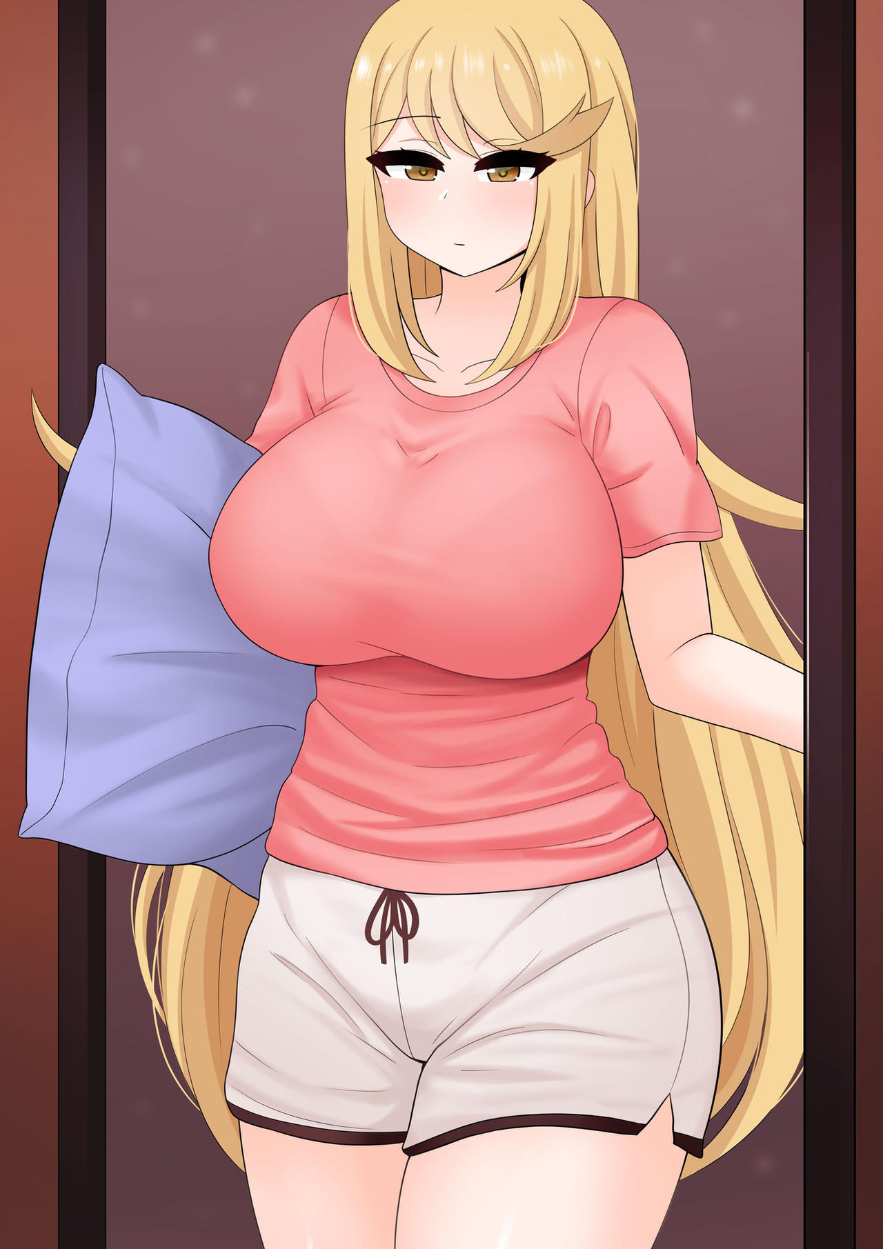 blonde hair, breasts, female, large breasts, long hair, mythra, nintendo, pajamas, pillow, pink shirt, shirt, shorts, the only shoe, white shorts, xenoblade (series), xenoblade chronicles 2, yellow eyes