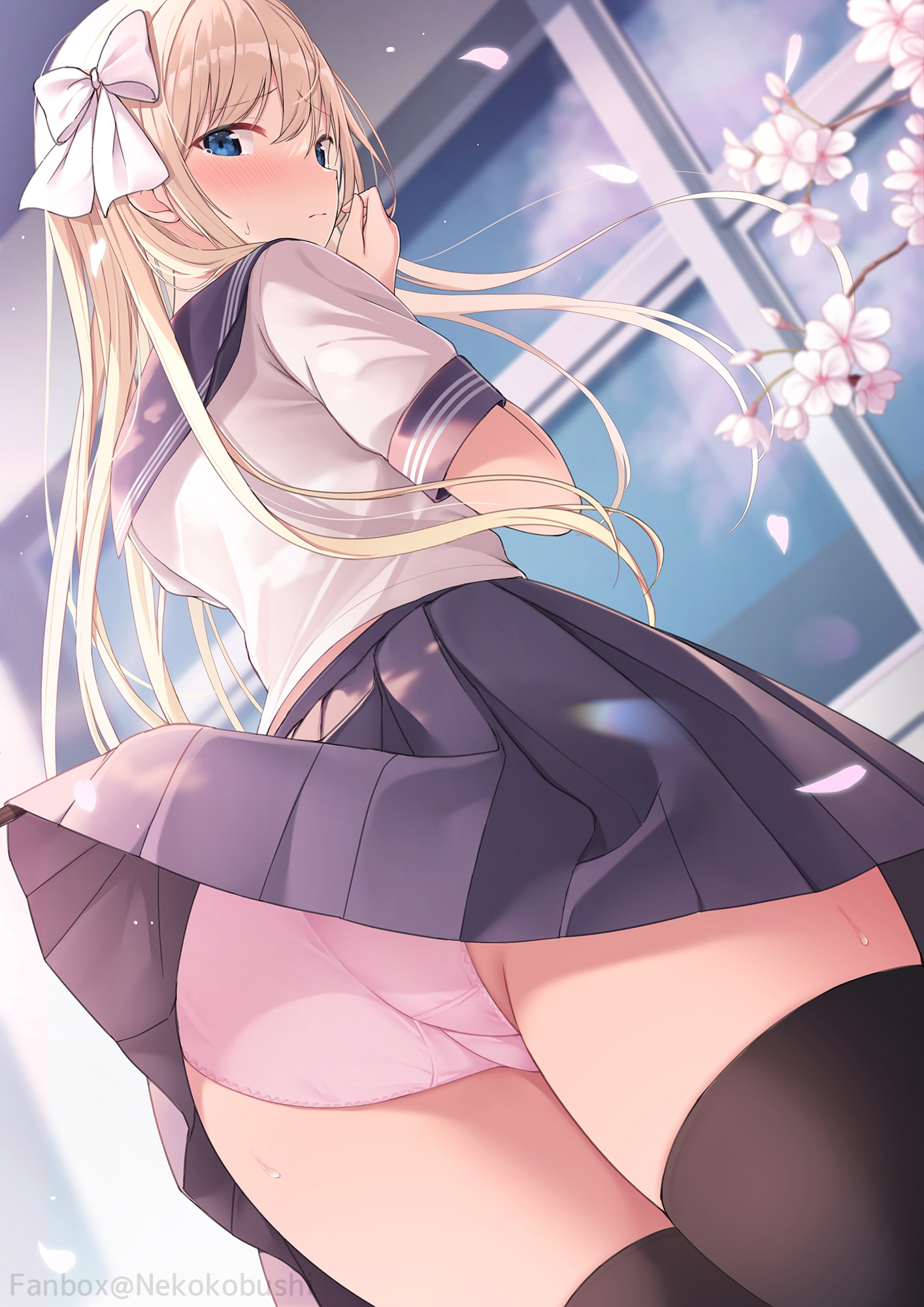 1girls, ass, black legwear, blonde female, blonde hair, blue eyes, blush, bow, female, highres, legwear, long hair, looking at viewer, looking back, nekokobushi, original, outdoors, pleated skirt, school uniform, serafuku, shirt, skirt, skirt caught on object, skirt lift, sweat, tears, thighhighs, thighs, window