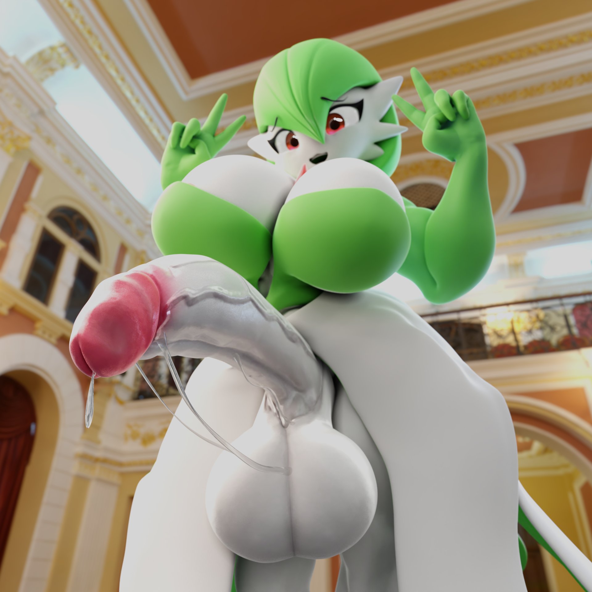 ., 1futa, 3d, 3d (artwork), balls, big breasts, big penis, breasts, clothed, clothing, erection, futa only, futanari, gardevoir, huge balls, huge breasts, huge cock, humanoid, humanoid penis, intersex, kabalmystic (style), looking at viewer, low-angle view, mostly clothed, neenbeanmachine, penis, pokemon, pokemon (species), precum, solo, solo futa, standing, v