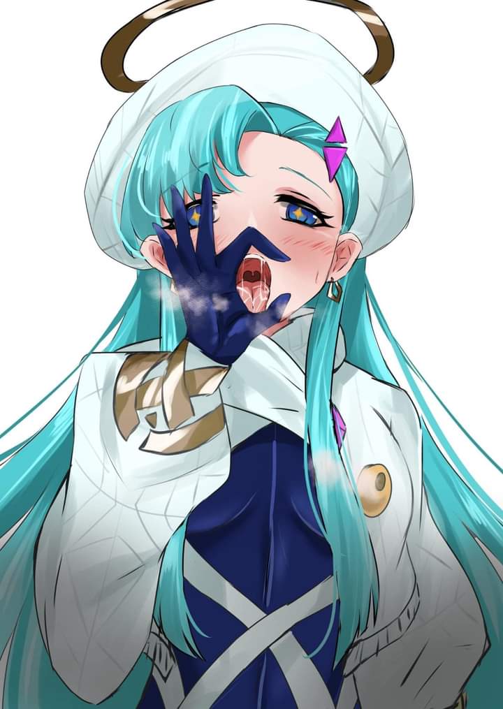 aqua hair, arena of valor, blue eyes, blush, fellatio gesture, looking at viewer, open mouth, saliva, symbol-shaped pupils, teeri (arena of valor), tongue out