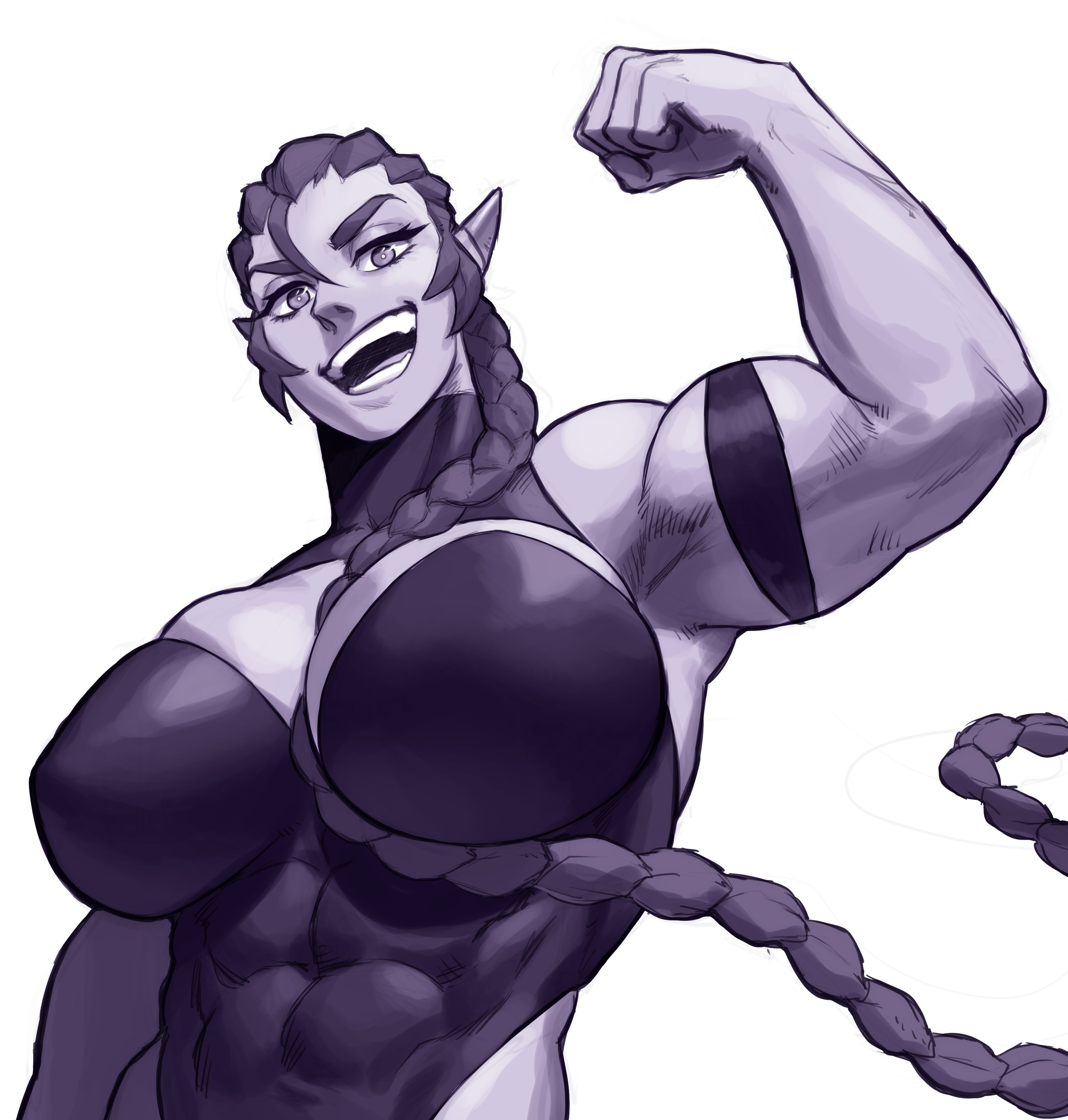 1girls, biceps, big breasts, borrowed character, braid, breasts, female, female only, flexing, happy, leotard, long hair, looking at viewer, muscular, muscular female, pointy ears, smiling at viewer, solo, solo female, sotcho, very high resolution, white background