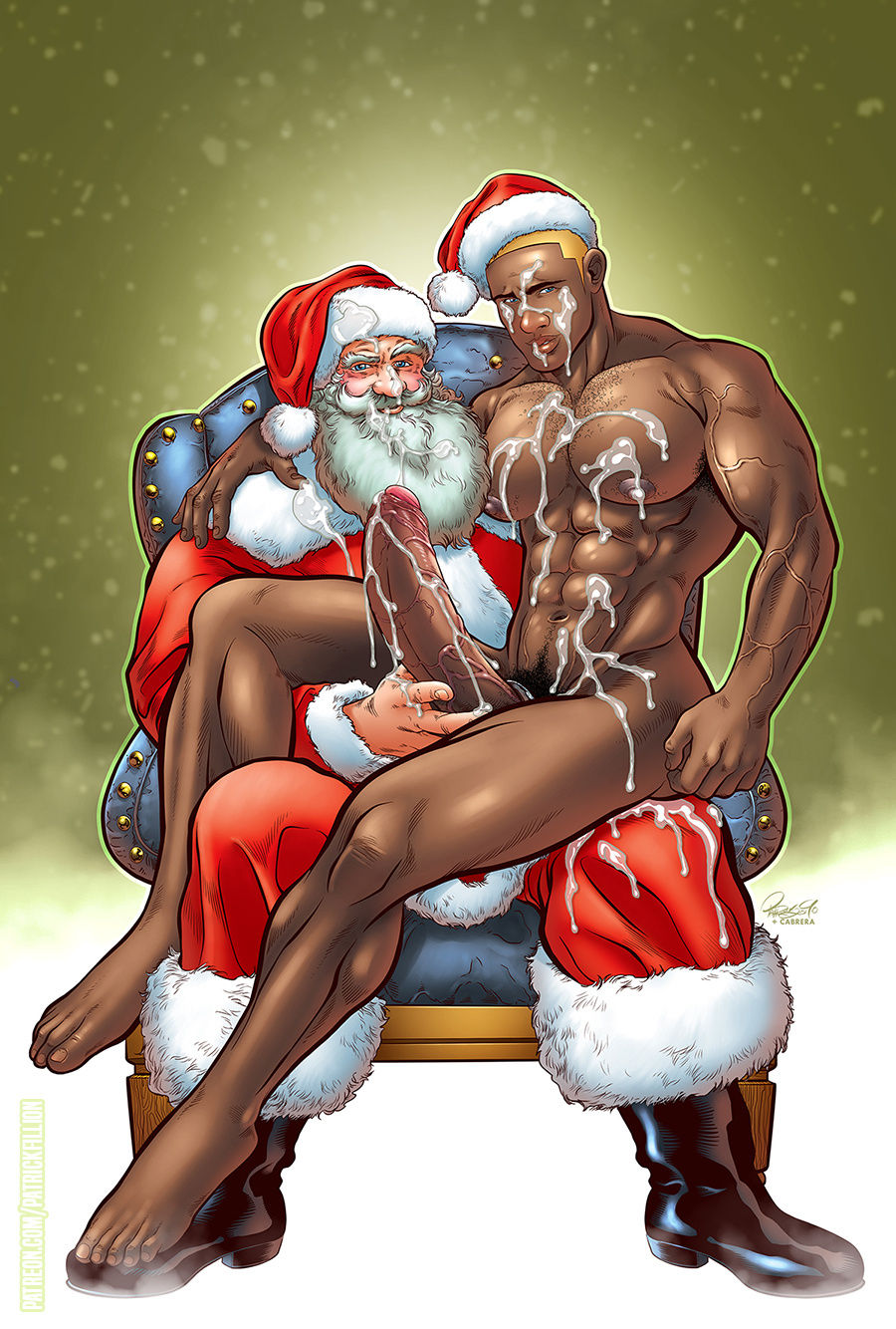 2boys abs big_penis byron_durand christmas class_comics cum cum_on_body dark-skinned_male dark_skin erect_penis erection gay hard_on huge_cock huge_penis long_beard male male_focus male_only melanin muscles muscular muscular_male nude old_man patrick_fillion pecs santa_claus sitting_on_lap space_cadet uncut veiny_penis white_hair