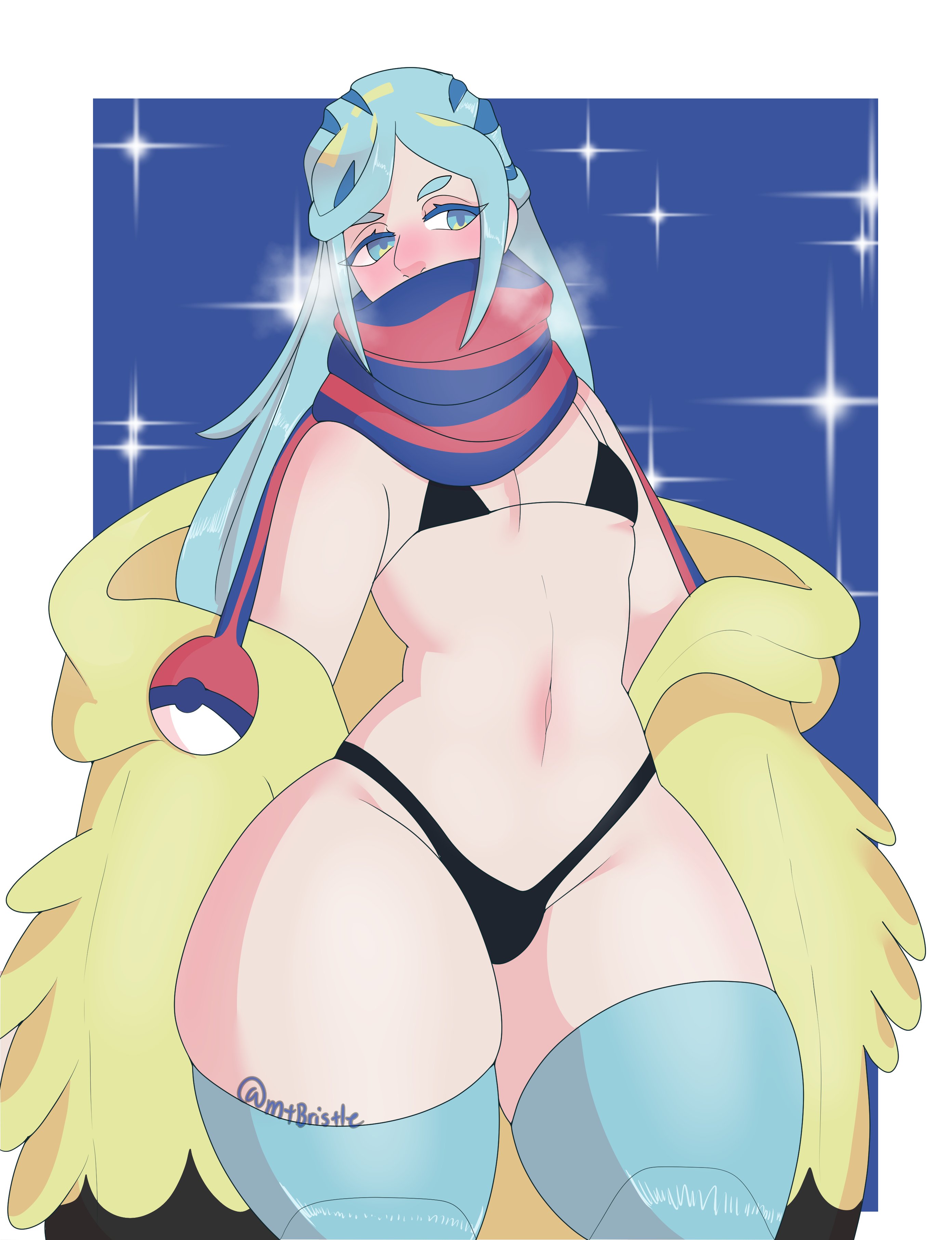 1boy, blue eyes, blue hair, blush, breasts, bulge, crossdressing, femboy, game freak, grusha (pokemon), legwear, long hair, male, male only, micro bikini, mtbristle, nintendo, pokemon, pokemon (game), pokemon sv, small breasts, solo, solo male, thick thighs, thighhighs, thighs, visible breath, wide hips