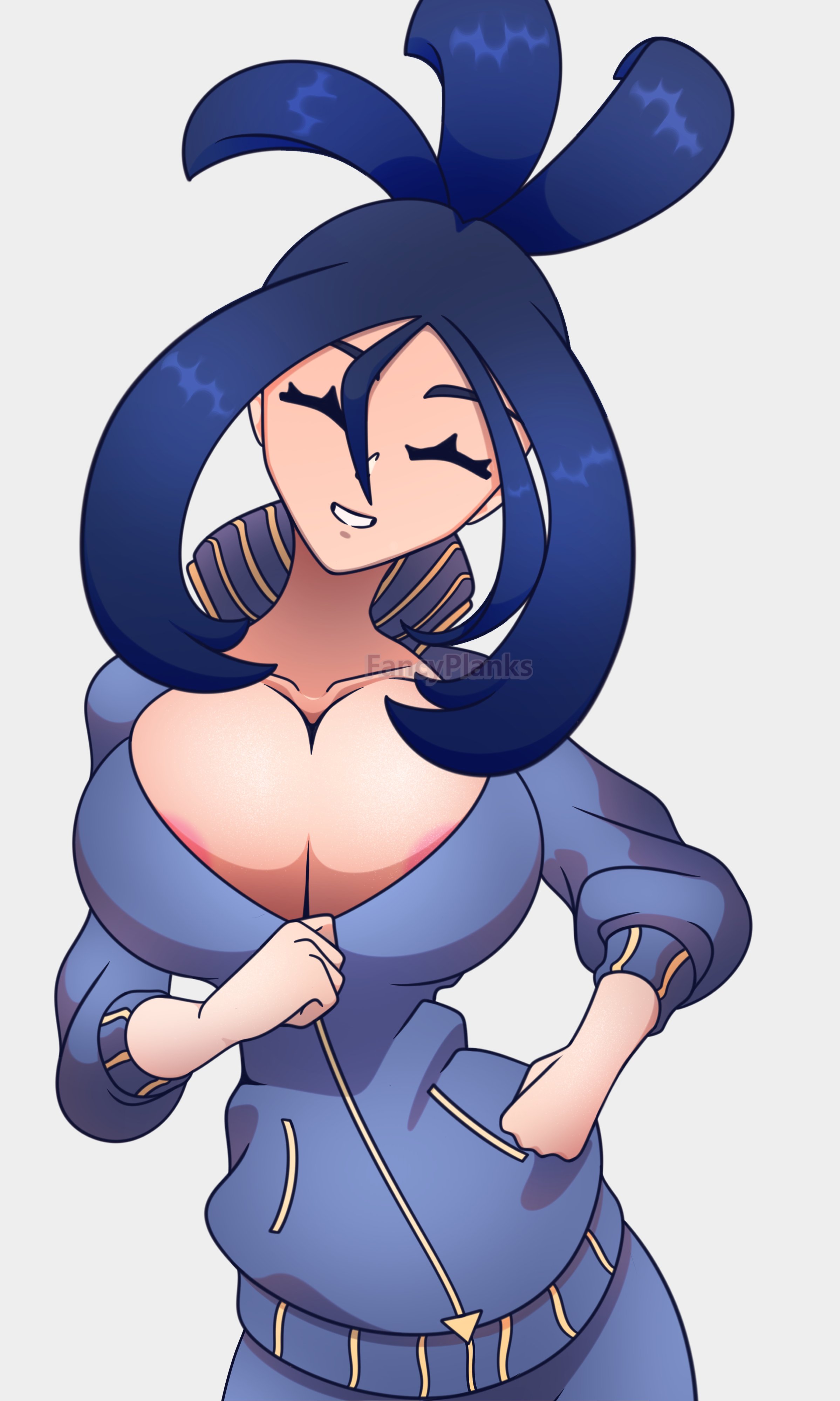 areolae peeking, big breasts, black hair, breasts, clothed, clothing, dendra (pokemon), fancyplanks, female, game freak, huge breasts, nintendo, pokemon, pokemon sv, solo, solo female, sportswear, tagme