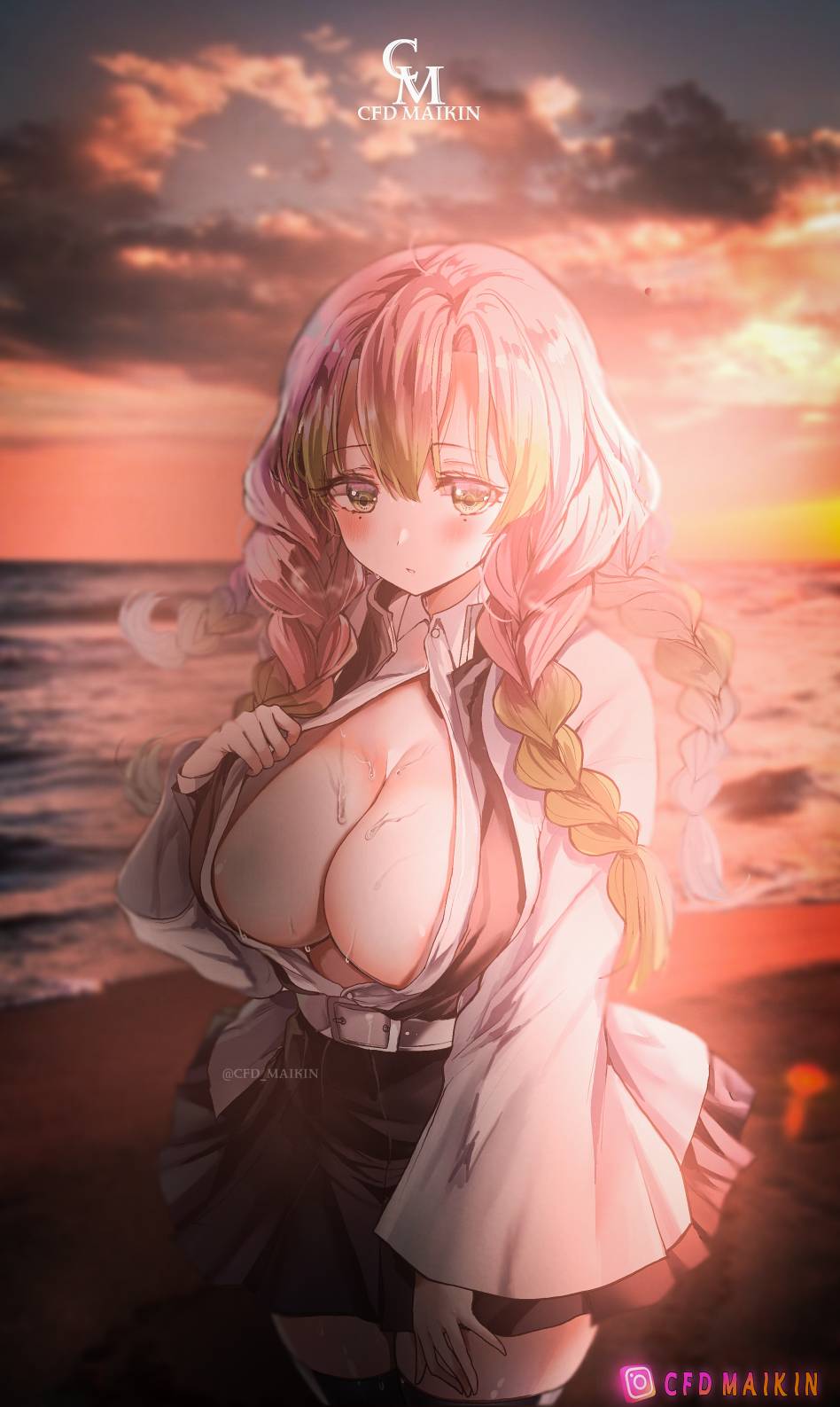 areola_slip bangs beach big_breasts blush braided_hair cfdmaikin cleavage demon_slayer edit female female_only green_eyes haori kanroji_mitsuri kimetsu_no_yaiba long_hair looking_at_viewer mole_under_eye no_bra open_shirt outside pink_hair pleated_skirt sak_(lemondisk) solo sweat sweaty thighhighs two_tone_hair uniform