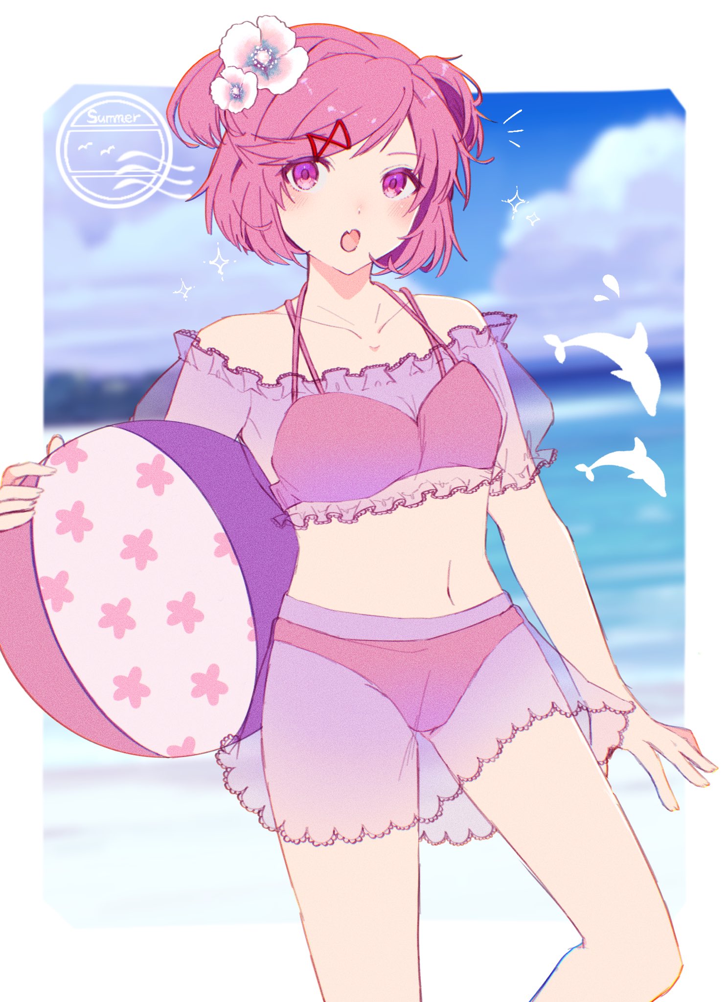 1girls, beach ball, bikini, bikini bottom, bikini top, bra, doki doki literature club, female, female only, flower in hair, natsuki (doki doki literature club), navel, panties, pink eyes, pink hair, solo, twintails, usagiusausa000