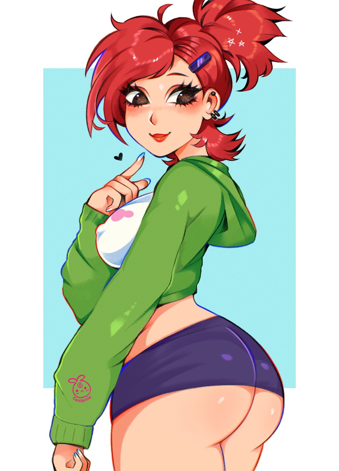 1girls, ass, big ass, big breasts, blue nails, blush, breasts, cafebunie, cartoon network, female, female focus, female only, foster's home for imaginary friends, frankie foster, miniskirt, ponytail, red hair, sideboob, smile, solo, solo female, thick thighs, thighs