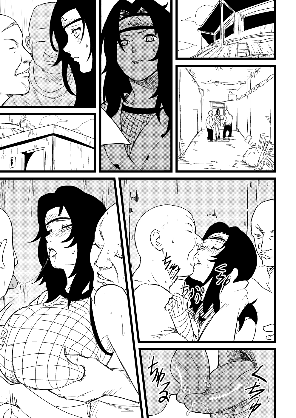 1girls, 2boys, after kiss, against wall, assertive, assertive male, bald, before sex, big breasts, black hair, blush, breast grab, breasts, embarrassed, female, french kiss, gangbang, grabbing, grabbing from behind, groping, hallway, huge breasts, imminent deepthroat, imminent oral, imminent sex, indoors, kissing, kurenai yuhi, light skin, light-skinned female, long hair, male, mature, mature female, milf, molestation, monochrome, multiple boys, multiple males, naruto, naruto (series), naruto shippuden, nier (artist), pale skin, pale-skinned female, purple eyeshadow, red eyes, red lipstick, surrounded, tongue, tongue out, ugly bastard, yuuhi kurenai