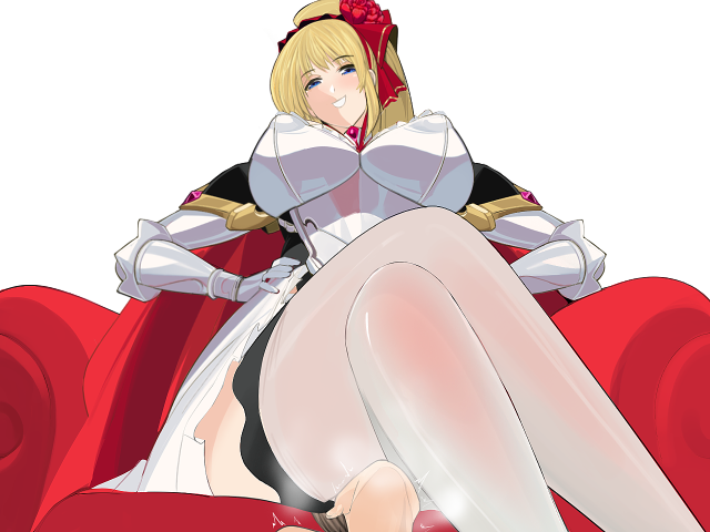 2022 armor big_breasts blonde_hair bo_wei cape charlotte_(heelfall) domination facesitting femdom game_cg headband heelfall larger_female sitting_on_face size_difference slave smaller_male stockings throne unseen_male_face