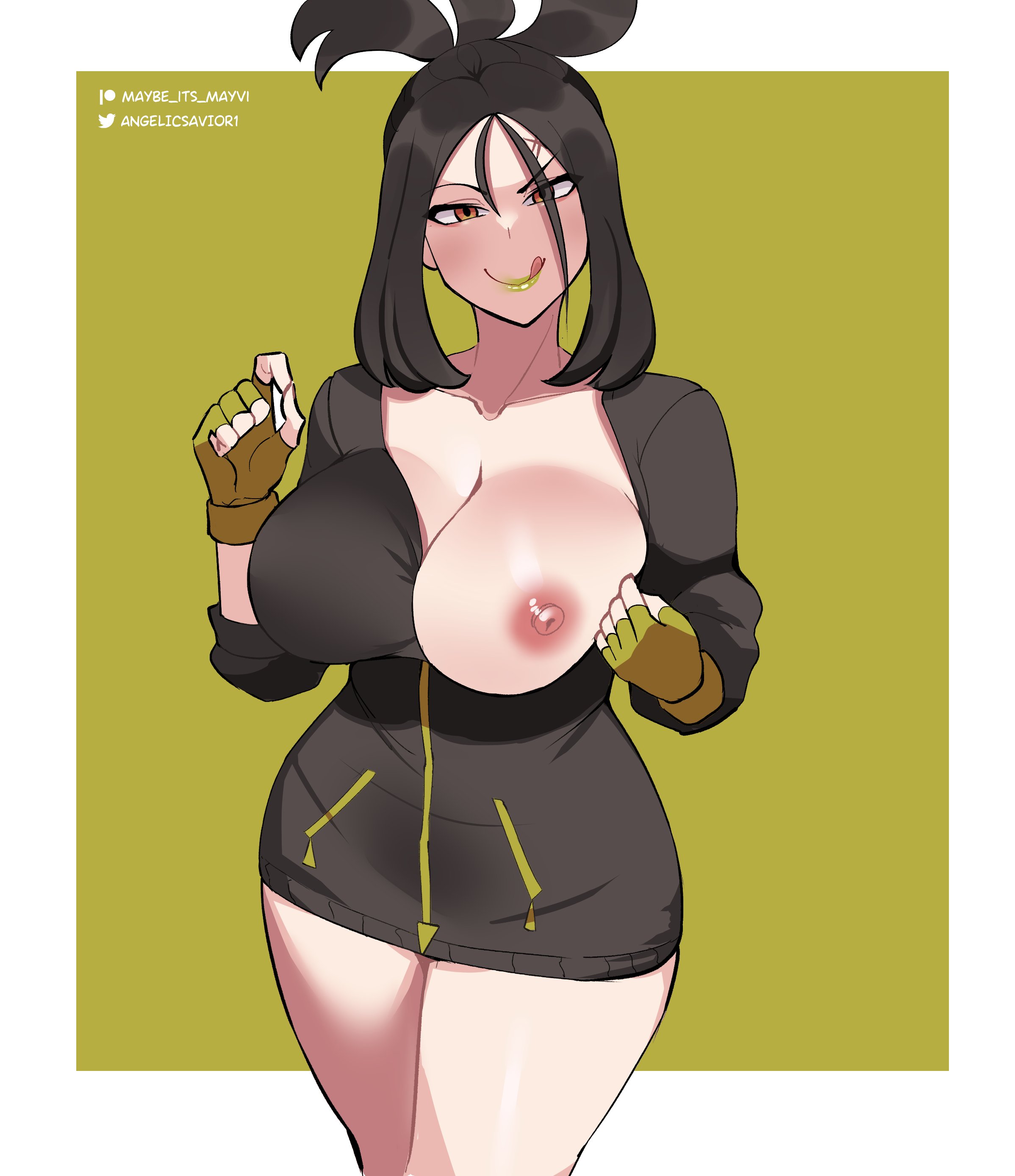 1girls, angelicsavior1, areolae, big breasts, black hair, breasts, dendra (pokemon), eye contact, female, female focus, female only, game freak, green lipstick, huge breasts, licking, licking lips, lipstick, looking at viewer, nintendo, nipples, pokemon, pokemon (game), pokemon sv, seductive, seductive look, smile, solo, solo female, thick thighs, thighs, thighs together