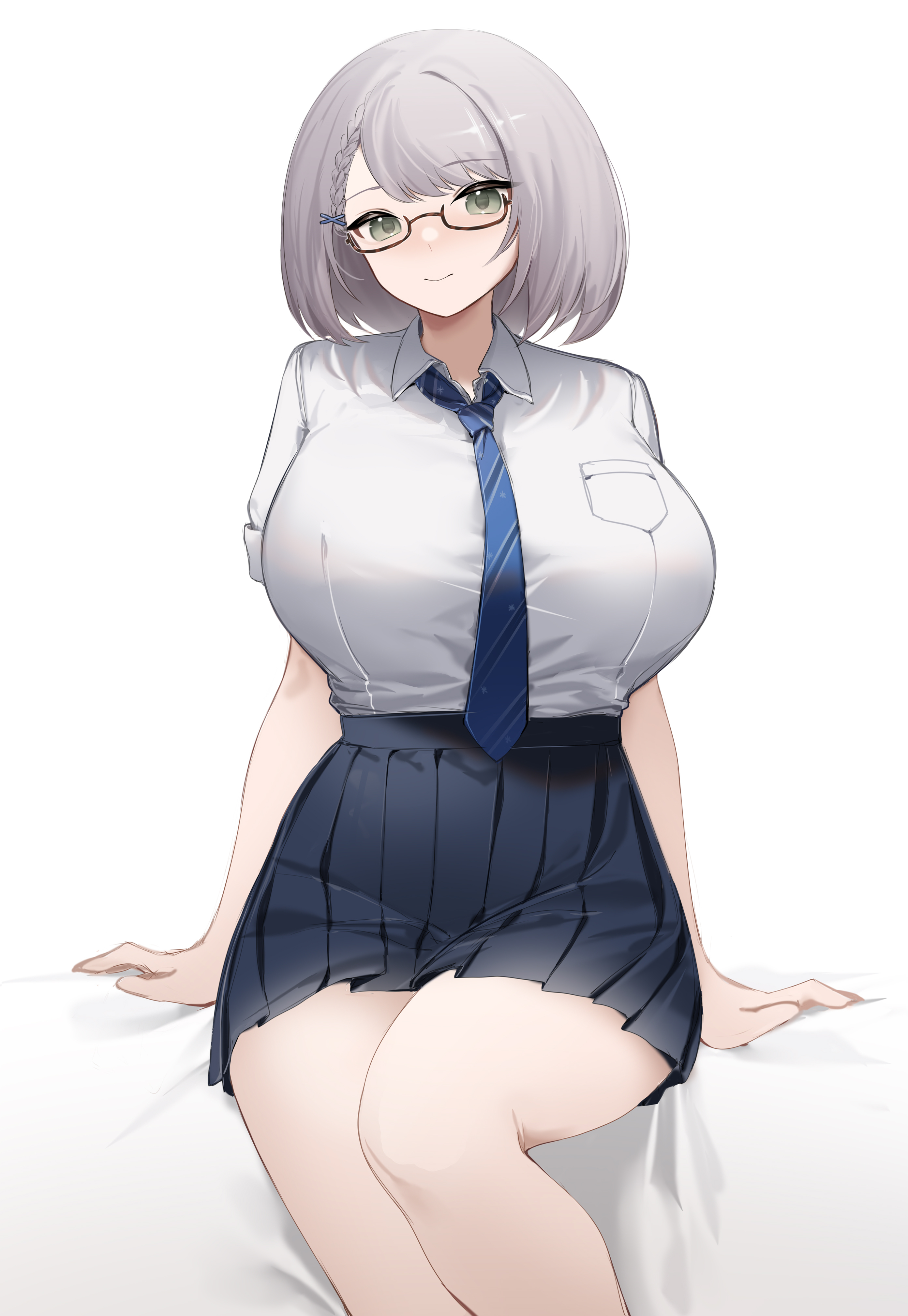 1girls, bangs, braid, breasts, female, glasses, green eyes, hair ornament, highres, hololive, hololive fantasy, hololive japan, huge breasts, looking at viewer, pleated skirt, shibuya (kurokamishain), shirogane noel, shirt, short hair, silver hair, simple background, sitting, skirt, solo, thighs, tie, virtual youtuber, white background