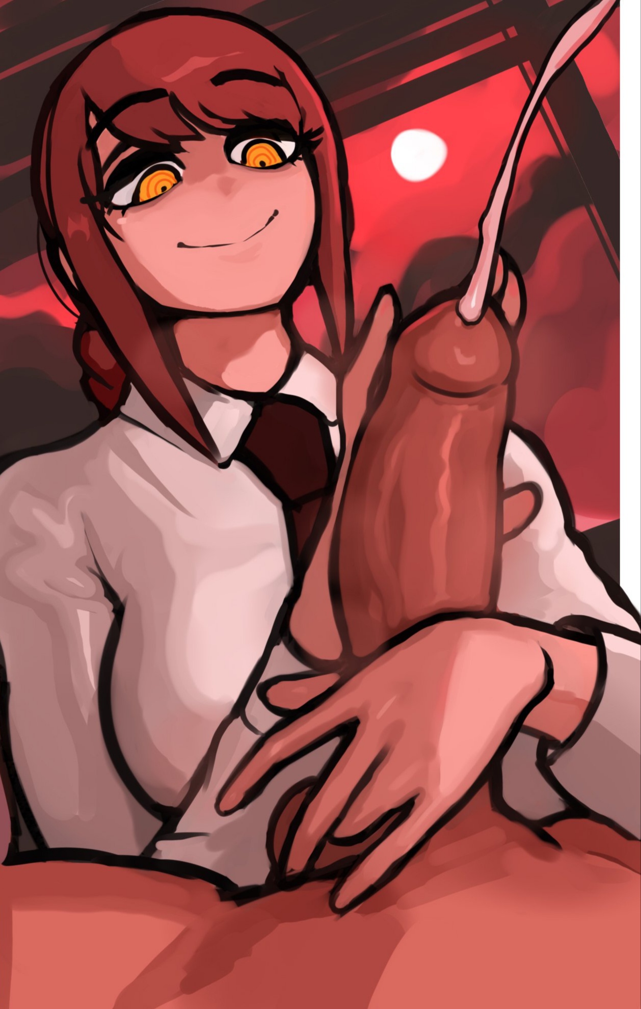 1girl, 1girls, big penis, business woman, chainsaw man, cock, cum, cumming, dick, dolecat, dolekat, female, handjob, huge cock, large penis, makima (chainsaw man), office lady, penis, red hair, spiral eyes, tie