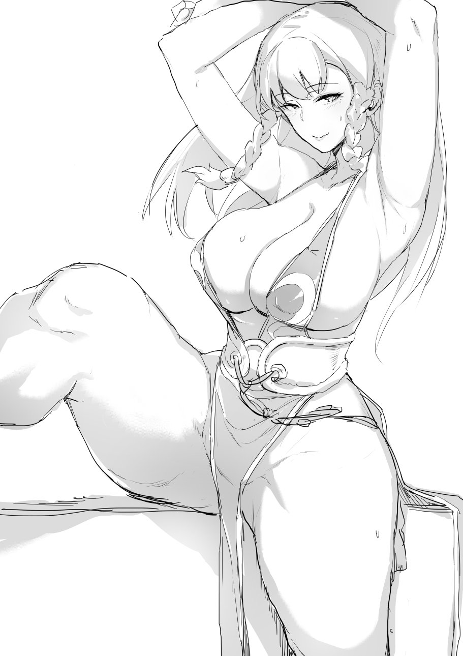 alternate_costume armpits bangs braid breasts capcom chun-li chun-li_(battle_ouffit_sfv) cleavage eyebrows_visible_through_hair female female_only greyscale high_resolution large_breasts leg_up long_hair messatsu_tan monochrome pelvic_curtain revealing_clothes sash sitting solo street_fighter street_fighter_v sweatdrop thick_thighs thighs tied_hair twin_braids