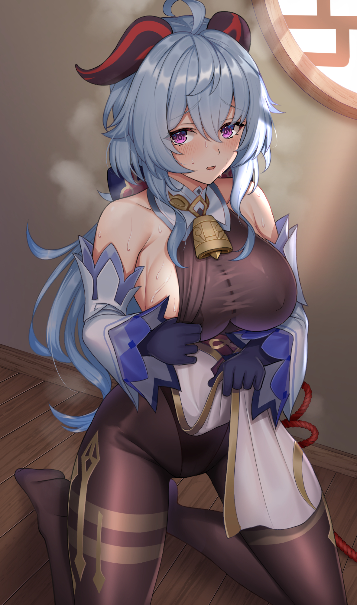 1girls, blue hair, blush, breasts, cleavage, clothed, cowbell, female, female focus, female only, ganyu (genshin impact), genshin impact, horn, komainu (yamaha1997), long hair, nipples visible through clothing, on knees, open mouth, purple eyes, sideboob, steam, sweat, thighs, undressing