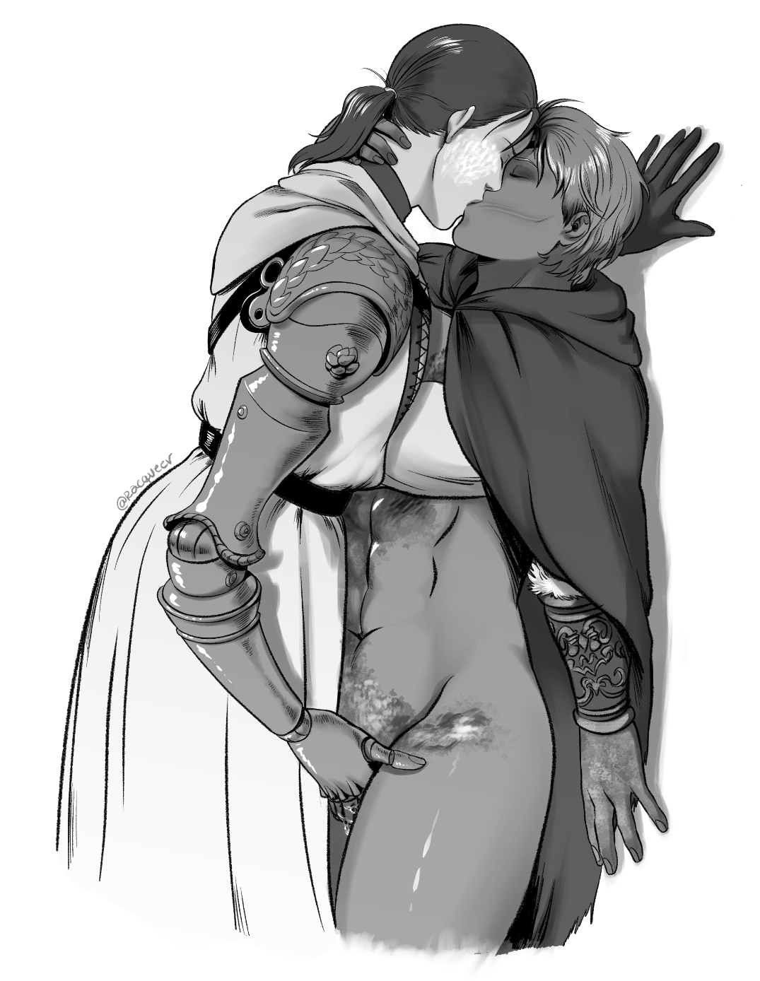 2girls, black and white, butch, elden ring, female, female only, fingering, fromsoftware, kissing, light skin, light-skinned female, millicent (elden ring), prosthetic arm, racqueer, standing, standing sex, tarnished, yuri