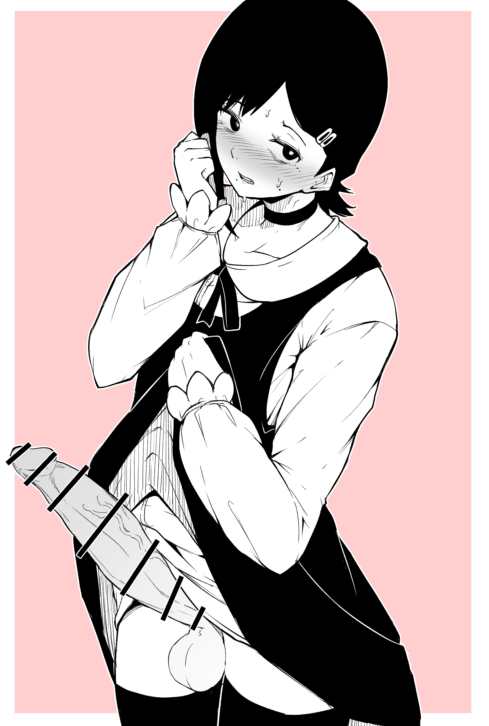 1futa, balls, big penis, black hair, blush, bottomless, censor bar, censored, chainsaw man, clothed, clothing, dress, dress lift, erection, futa only, futanari, greyscale, higashiyama kobeni, human, intersex, legwear, makin tama, mostly clothed, partially colored, penis, pink background, short hair, simple background, skirt, solo, solo futa, standing, sweat, testicles, thighhighs, thighs, white border