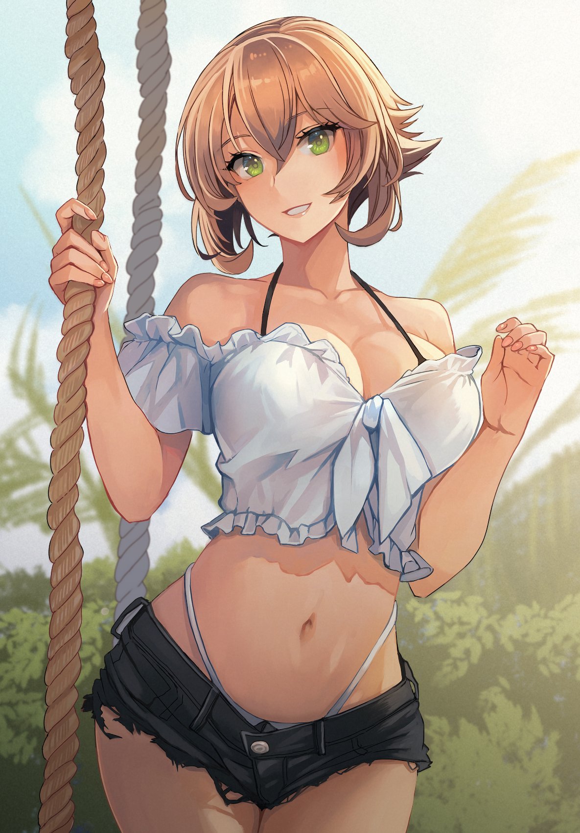 1girls belly_button big_breasts blonde_hair bra_strap breasts cleavage denim denim_shorts female green_eyes hi_res high_resolution highleg highleg_panties highres jean_shorts kantai_collection kasumi_(skchkko) medium_breasts mutsu_(kantai_collection) navel panties panties_under_shorts ripped_clothing rope short_hair short_shorts shorts skchkko tagme white_panties