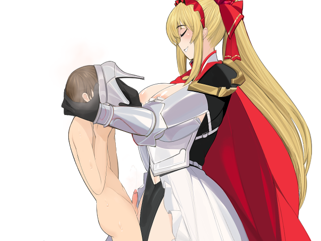 2022 armor big_breasts blonde_hair bo_wei cape charlotte_(heelfall) cum domination femdom game_cg headband heelfall larger_female shoes size_difference slave smaller_male smell thong unseen_male_face