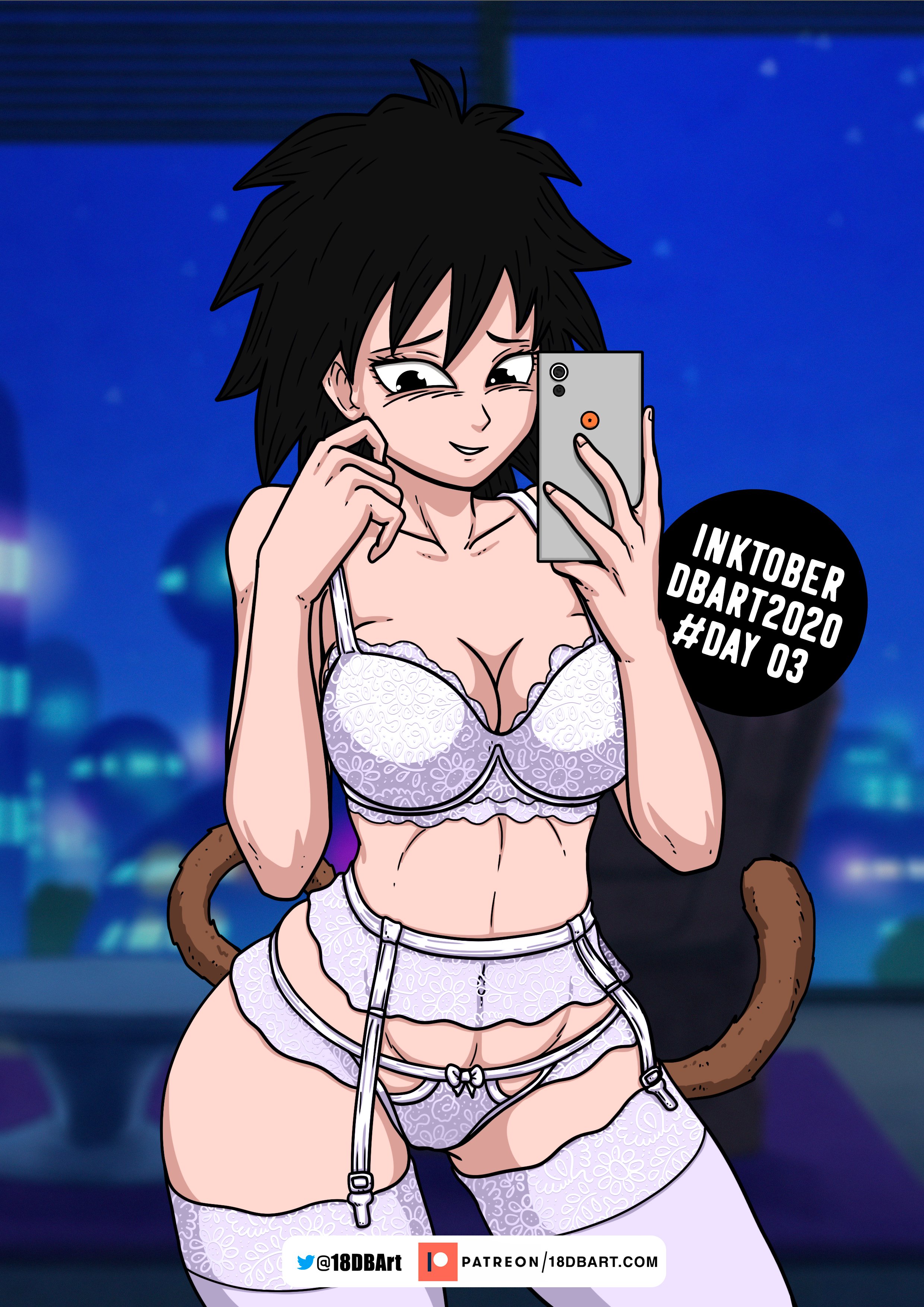 1girls, 2020, big breasts, black eyes, black hair, breasts, city, dbart+18, dragon ball, dragon ball super, female, female only, female saiyan, garter straps, gine, inktober, large breasts, lingerie, milf, mother, night, saiyan, saiyan tail, selfie, solo, tail, thick thighs, thighs, white garter straps, white lingerie