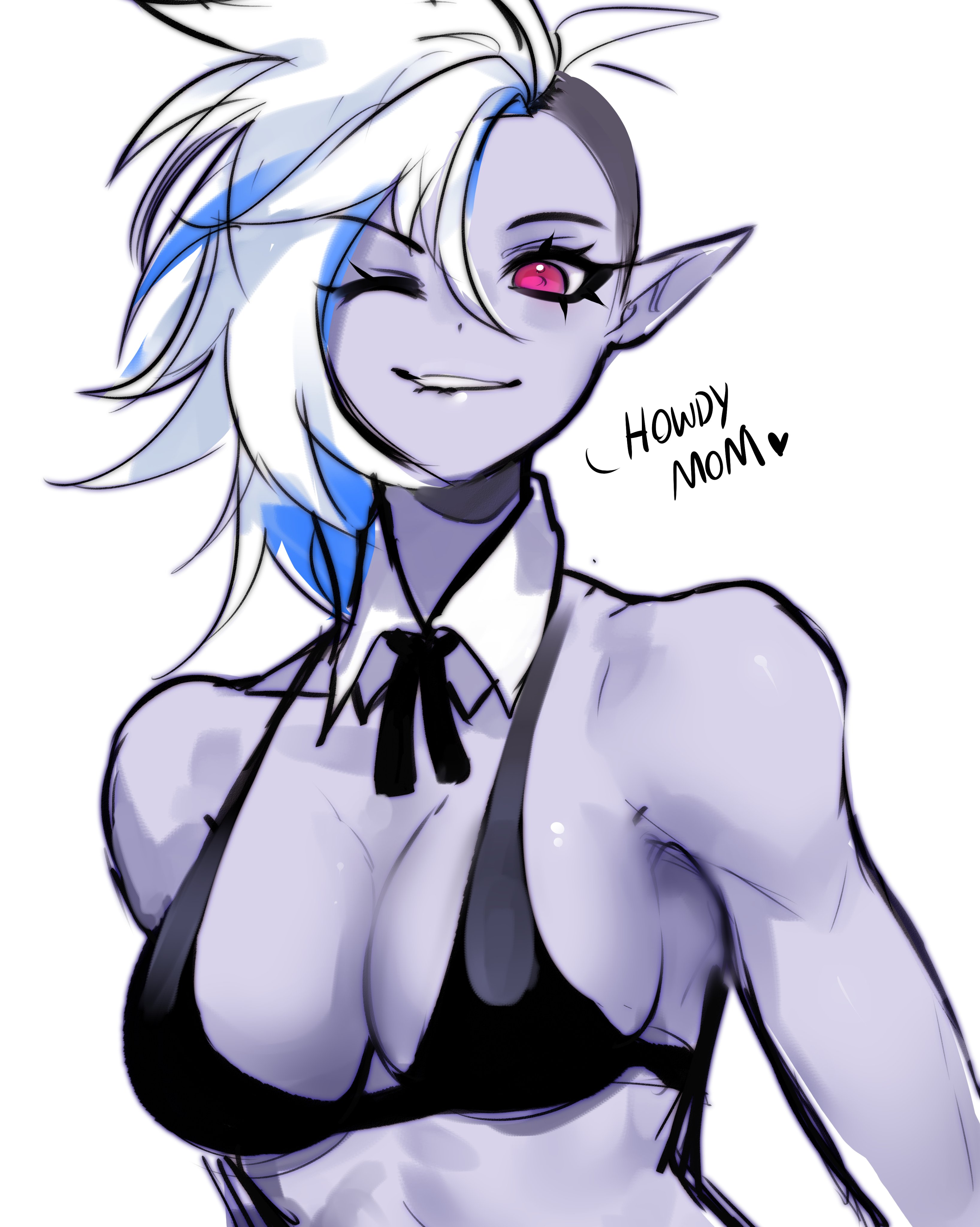 alien, alien girl, alien humanoid, big breasts, blade (bladechan28), bladechan28, breasts, elf ears, exposed shoulders, female, grey body, grey eyes, large breasts, long ears, original, pink eyes, pointy ears, punk, punk girl, punk hair, sharp ears, shaved side, shoulders, tomboy, wink, winking